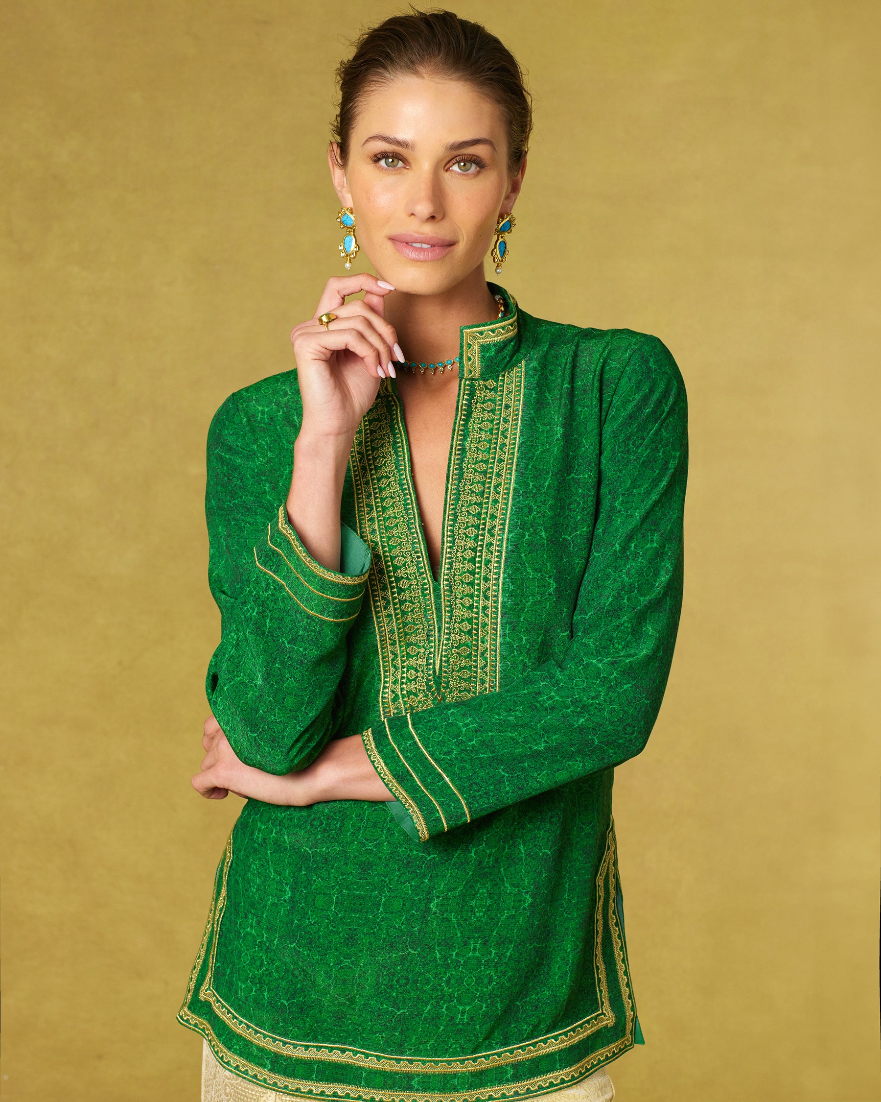 Isabelle Tunic in Malachite Burl and Gold Embroidery-Front view