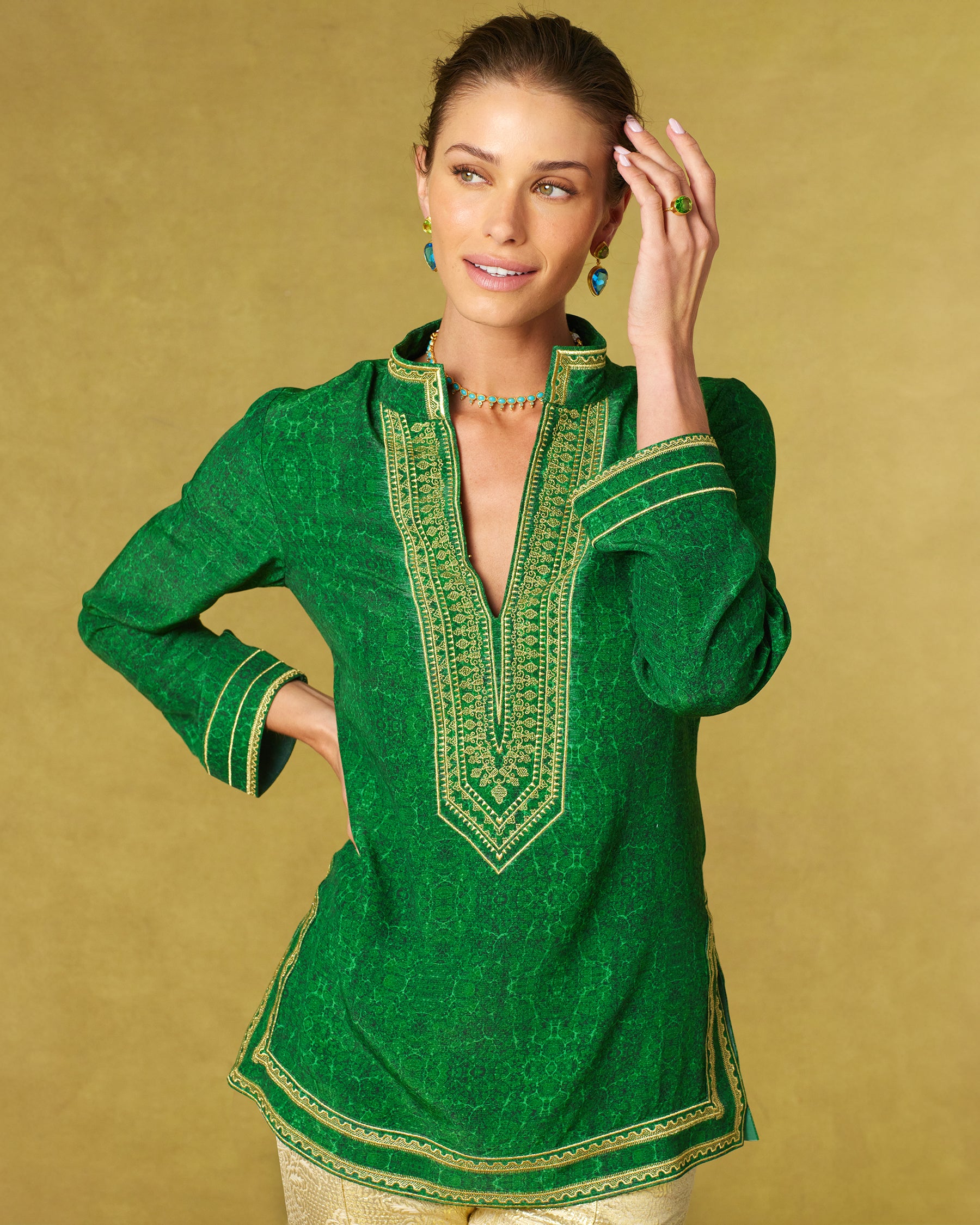 Isabelle Tunic in Malachite Burl and Gold Embroidery-With arm up