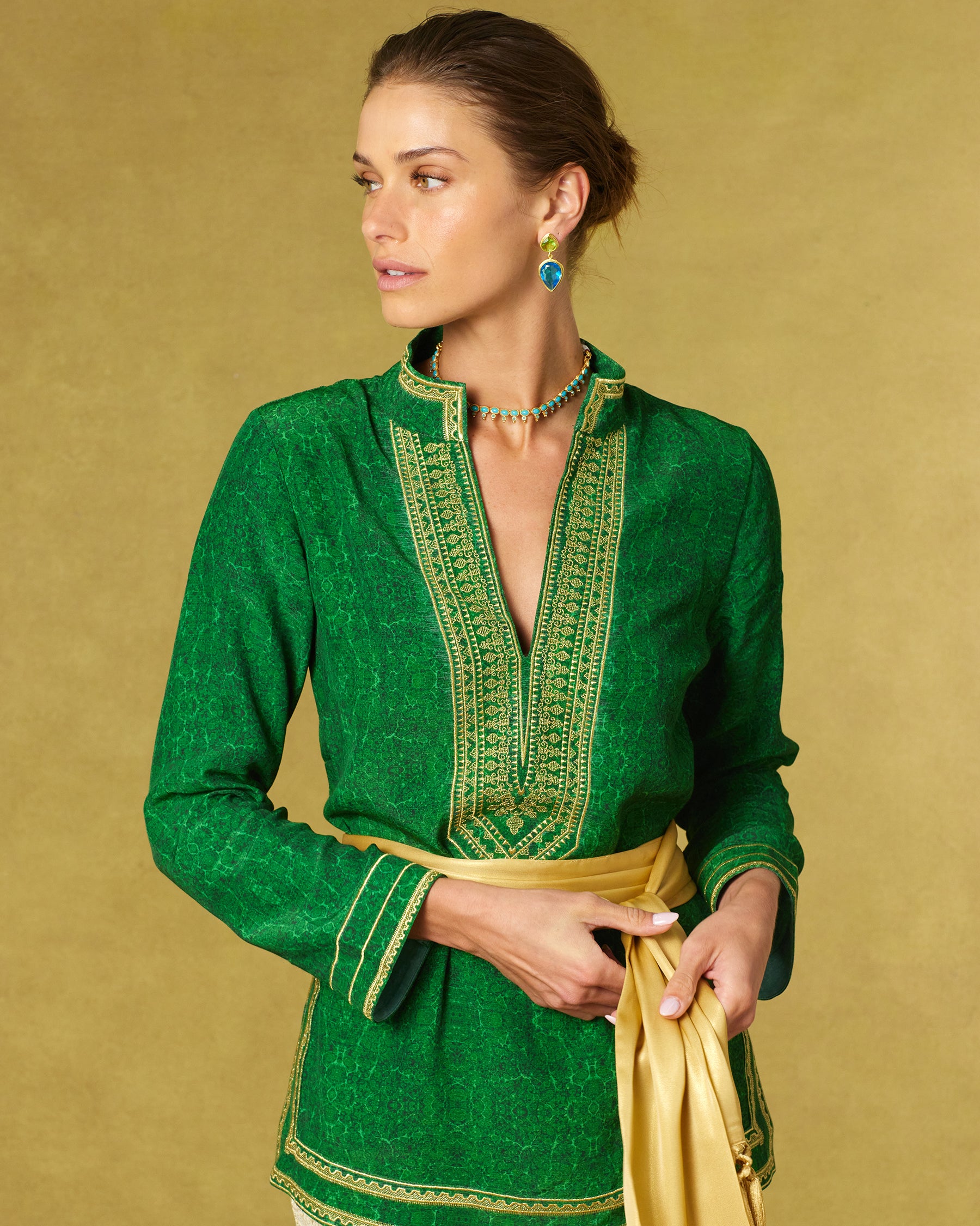 Isabelle Tunic in Malachite Burl and Gold Embroidery-looking away