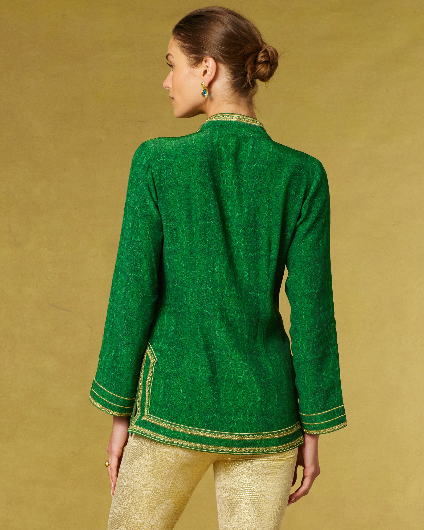 Isabelle Tunic in Malachite Burl and Gold Embroidery-Back view