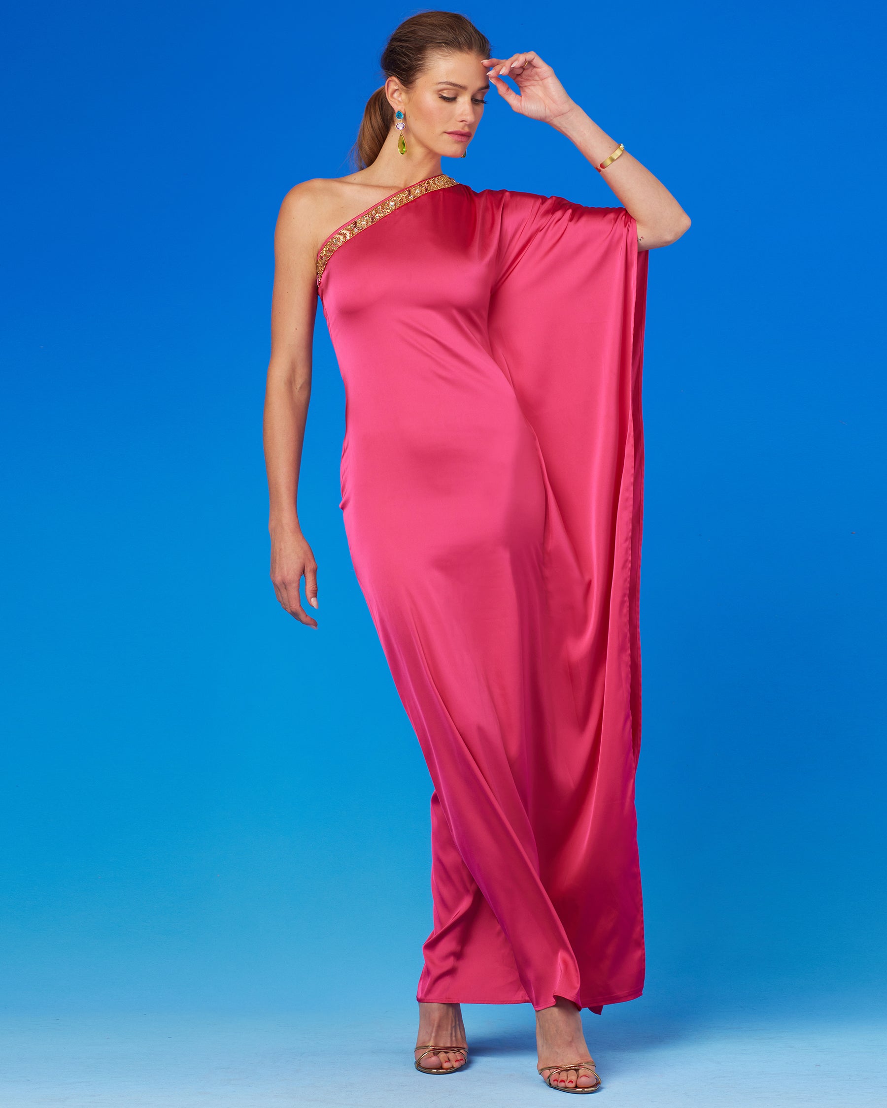 Isadora One Shoulder Fitted Maxi Dress with Embellishment-Arm Up Front View