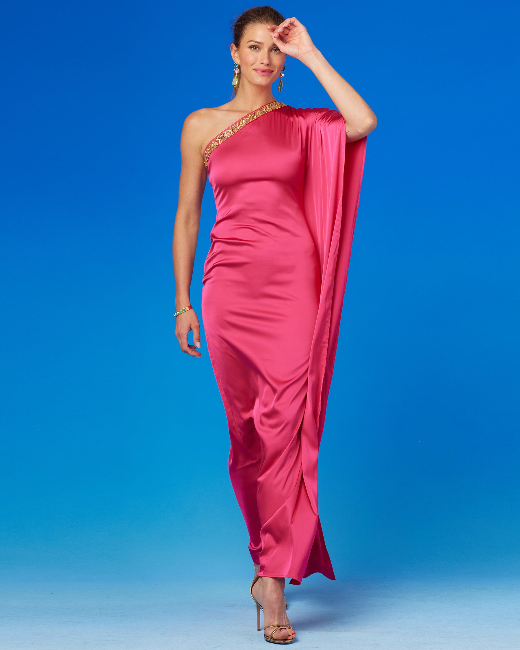 Isadora One Shoulder Fitted Maxi Dress with Embellishment-Front View Walking