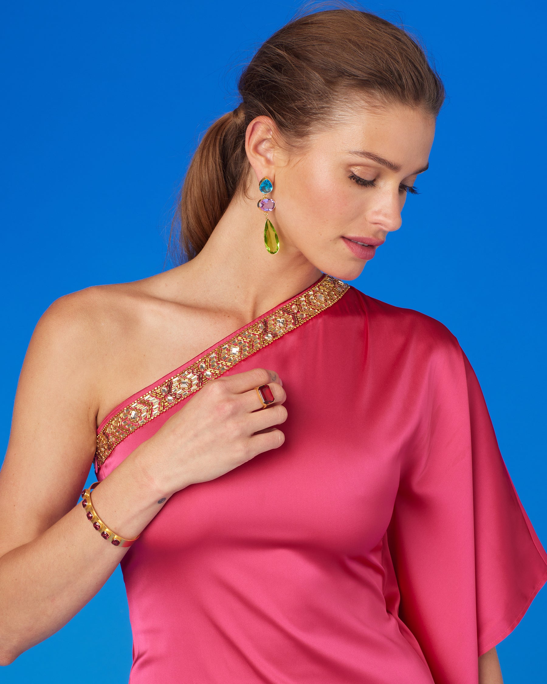 Regency Statement Ring in Ruby Red-Worn with the Isadora One Shoulder Fitted Maxi Dress with Embellishment