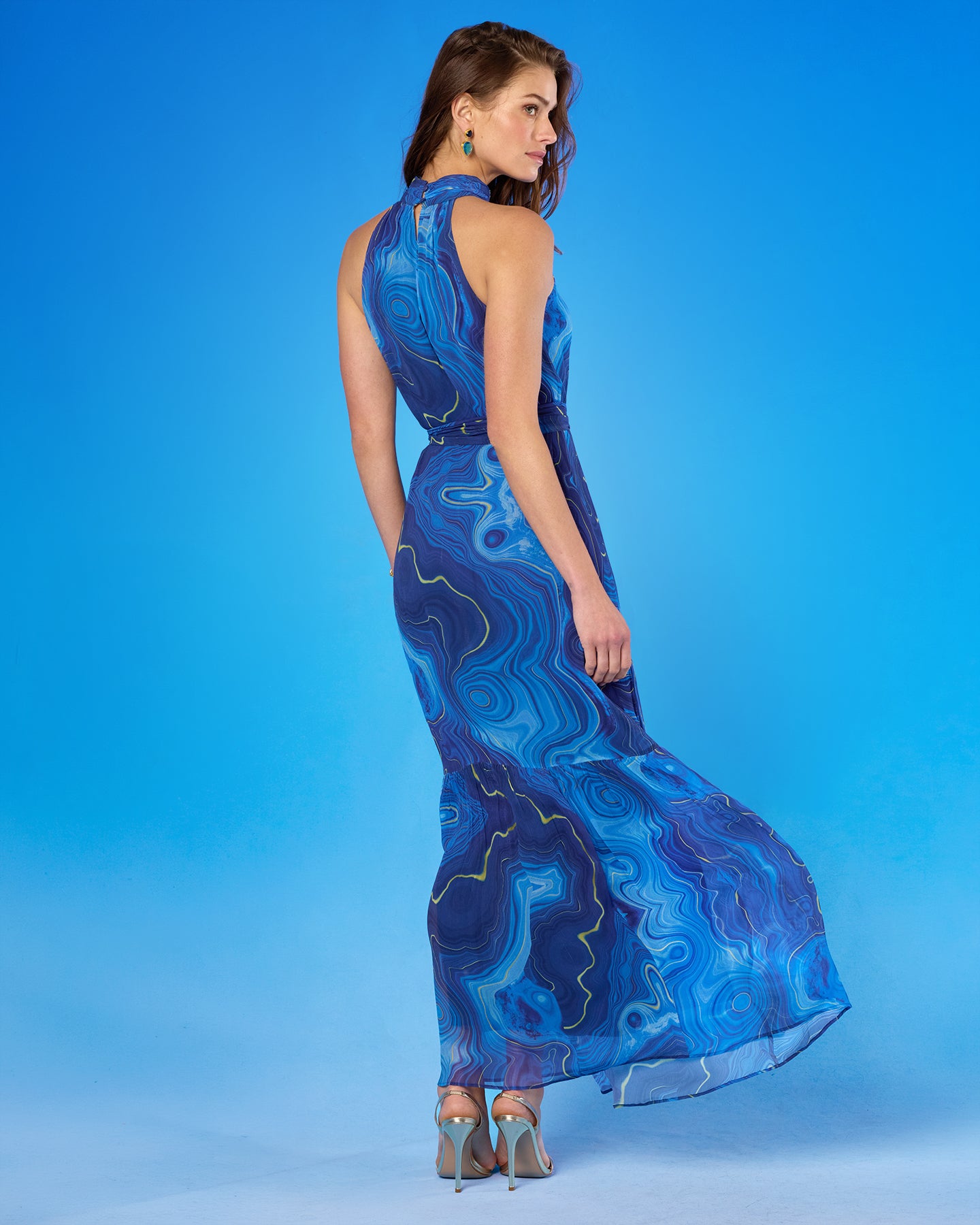 Back view of the Isla Chiffon Halterneck Maxi Dress in Lapis Lazuli Blue