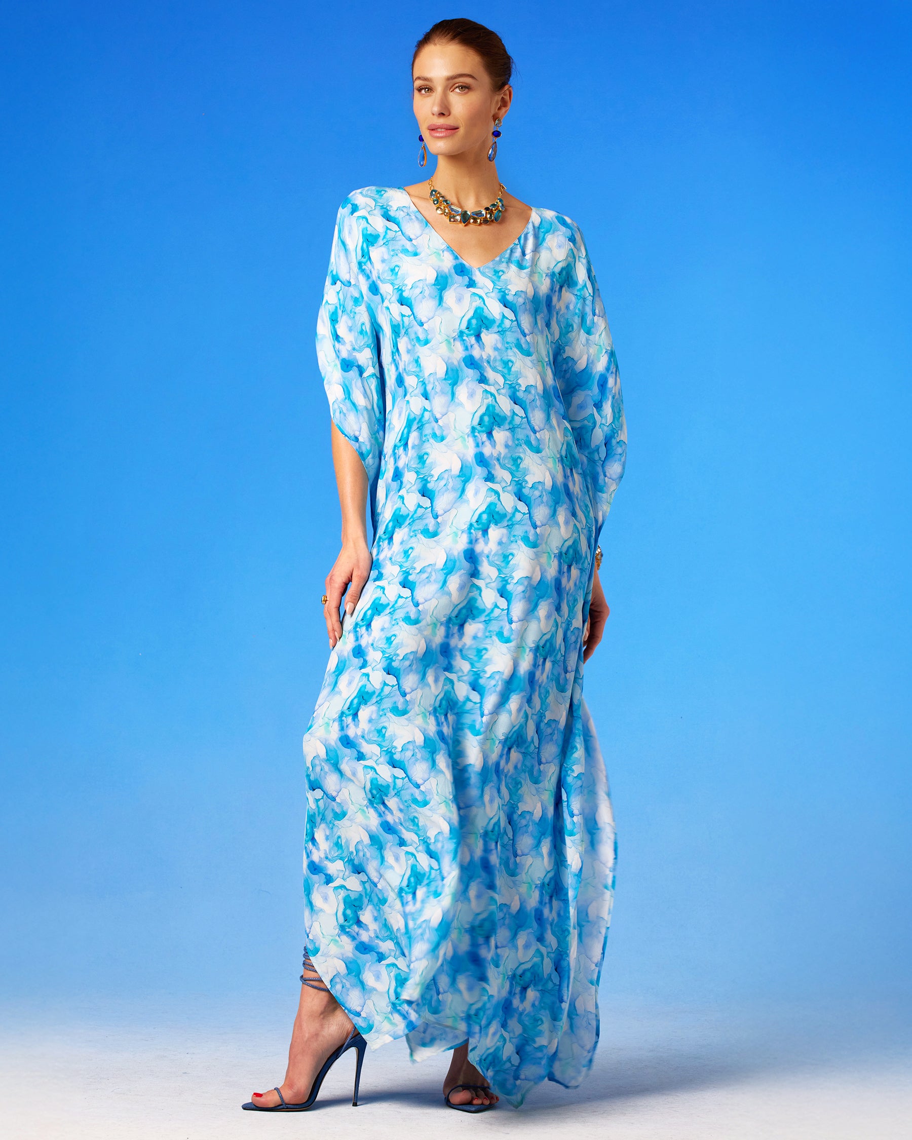 Isla Kaftan in Sea Swirl Blues standing front view