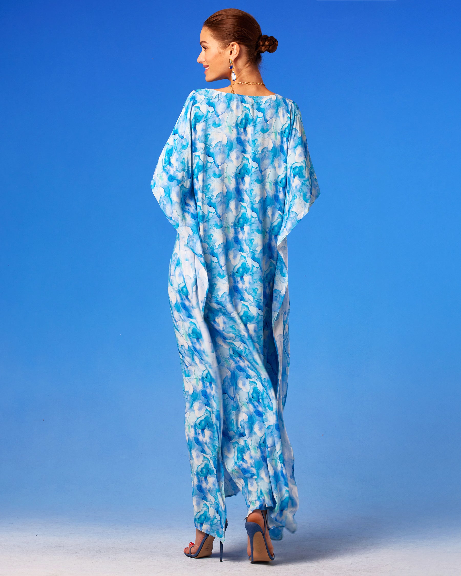 Isla Kaftan in Sea Swirl Blues back view