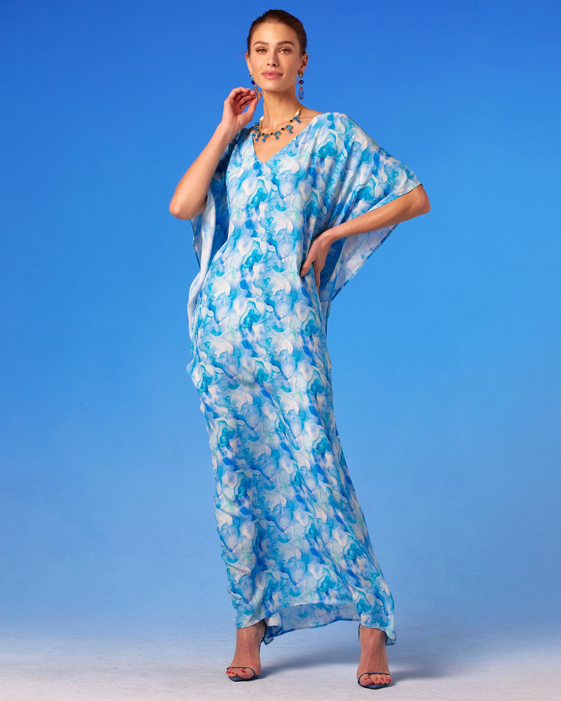 Isla Kaftan in Sea Swirl Blues standing