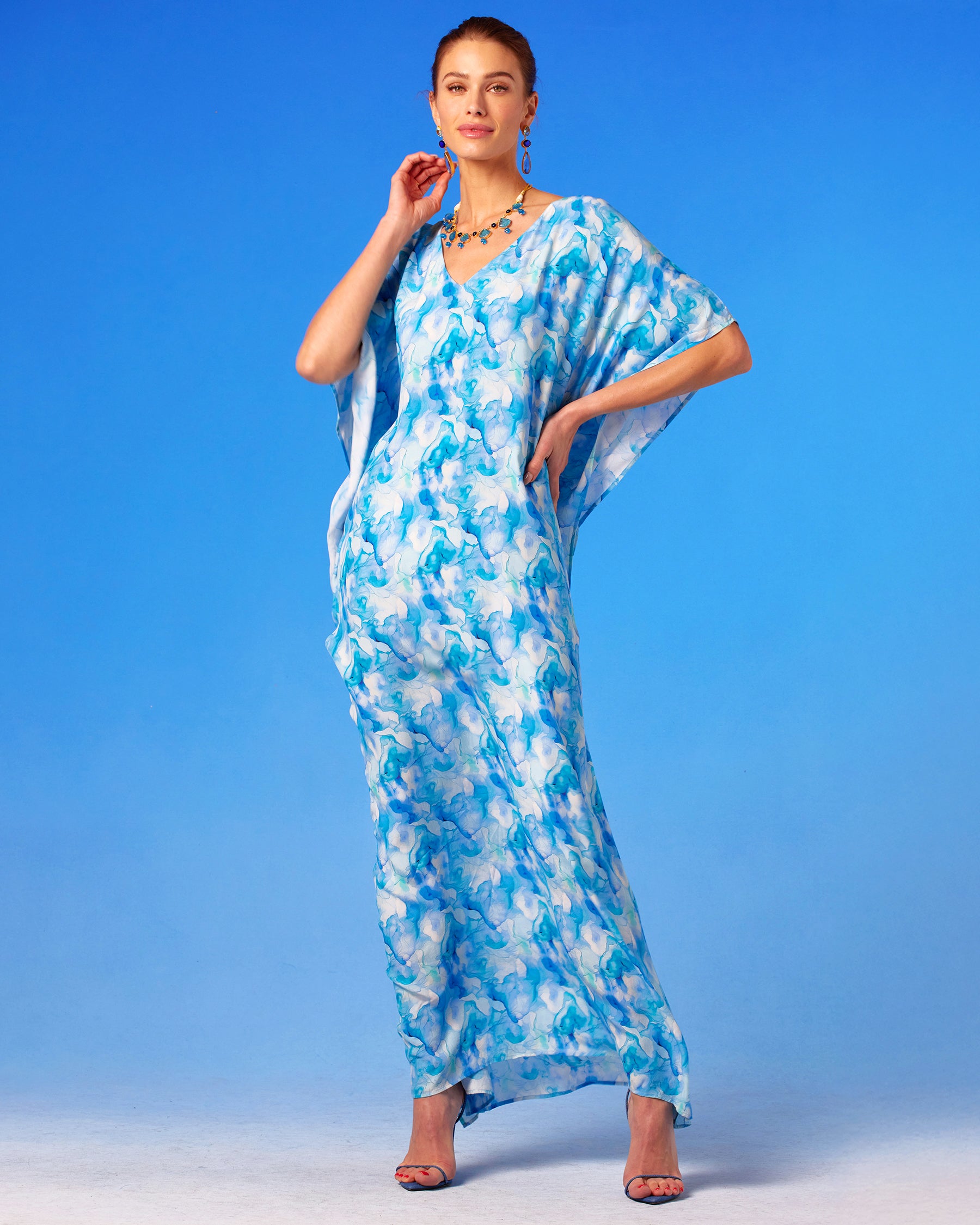 Isla Kaftan in Sea Swirl Blues standing