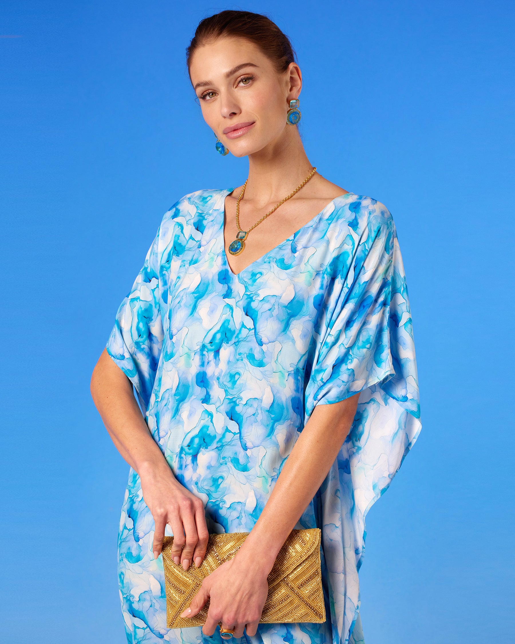 Isla Kaftan in Sea Swirl Blues portrait view