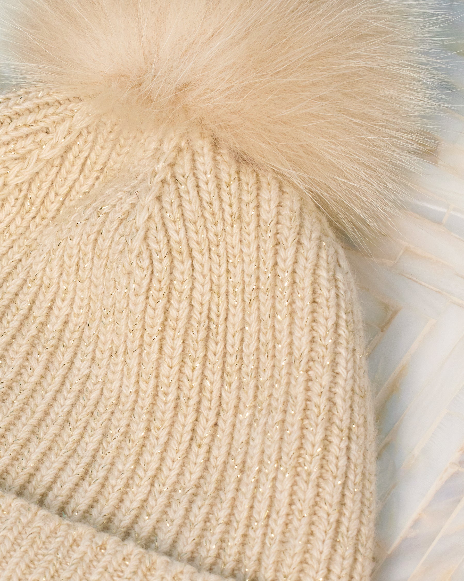 Ella Cashmere Blend Hat in Gold Shimmer Sand and Fox Fur Pom Pom-Detail showing gold glitter