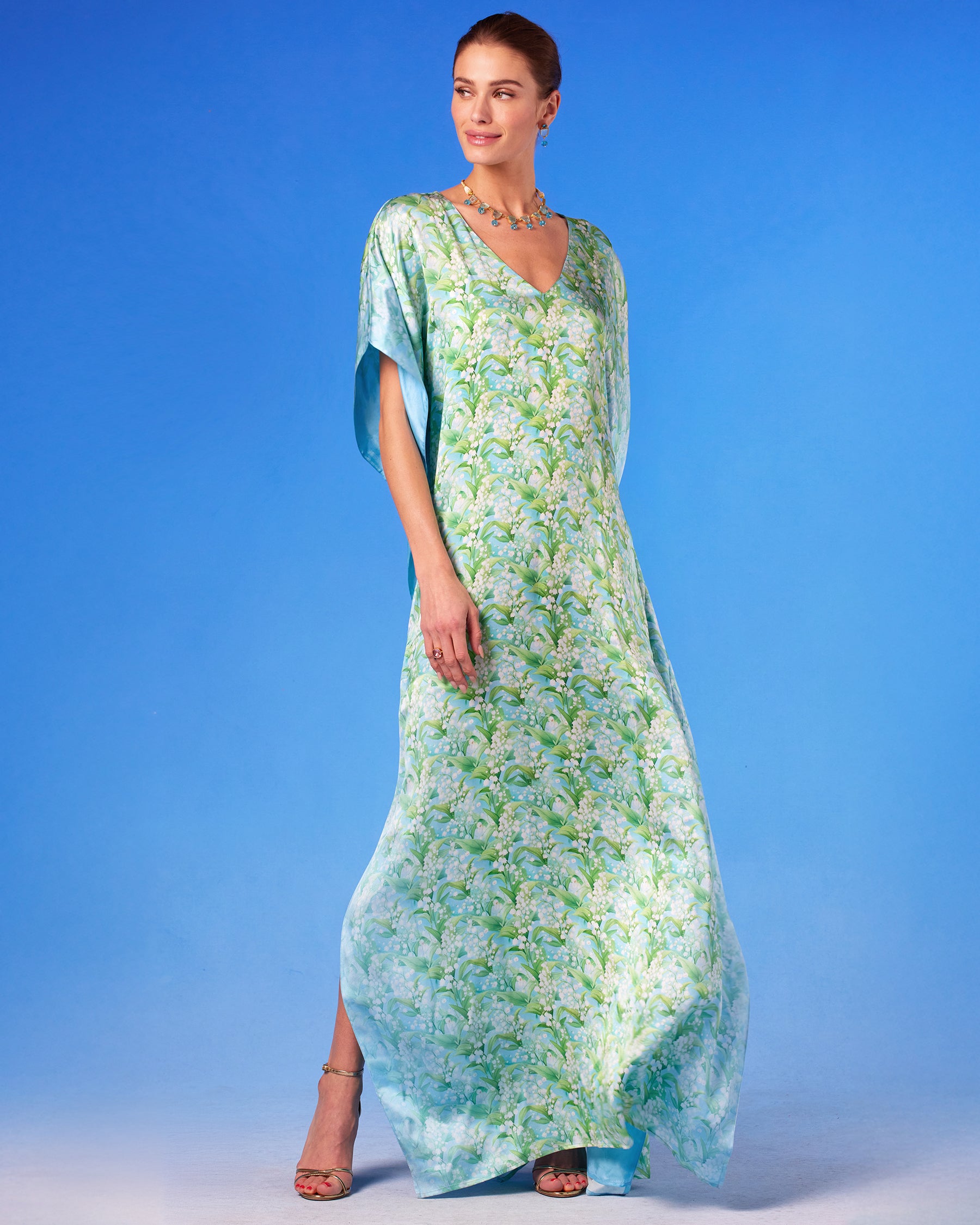 Julia Silk Kaftan in Lilies of the Valley front view