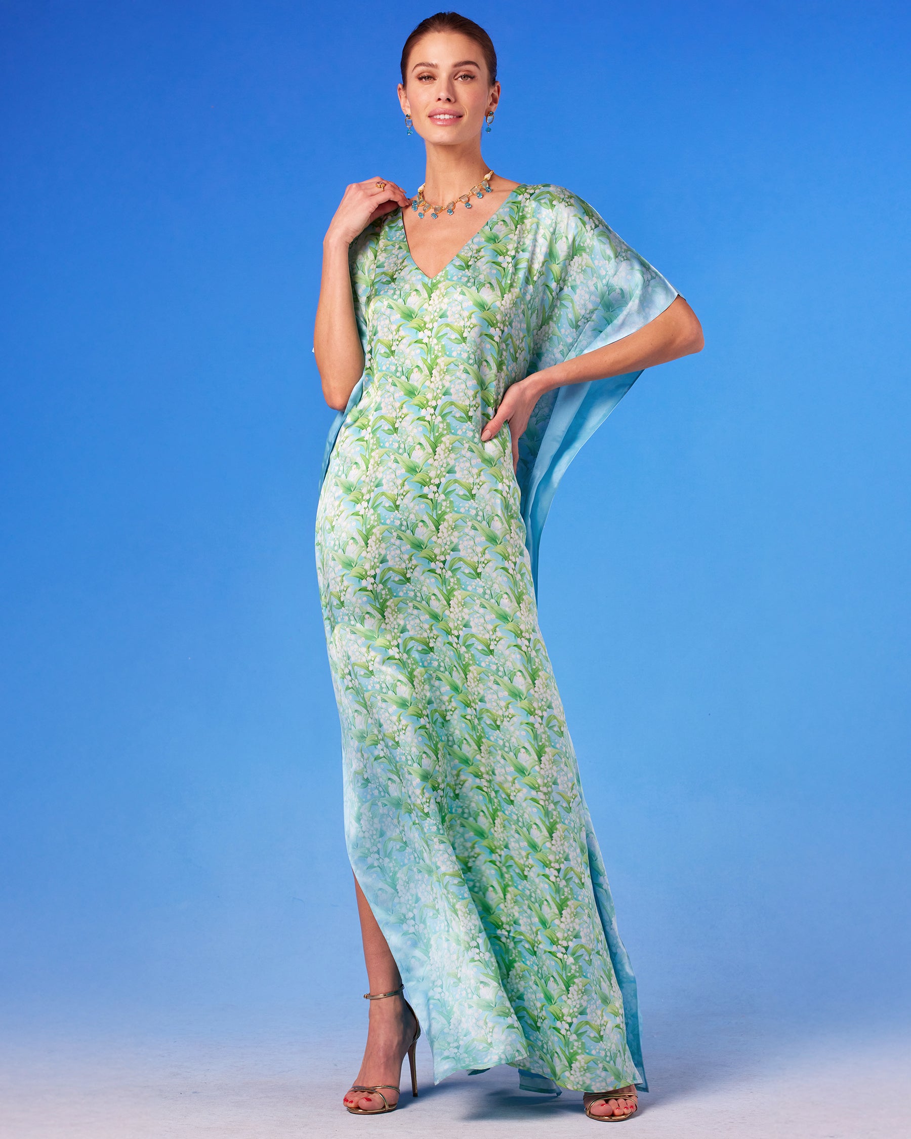 Julia Silk Kaftan in Lilies of the Valley front view with arm up