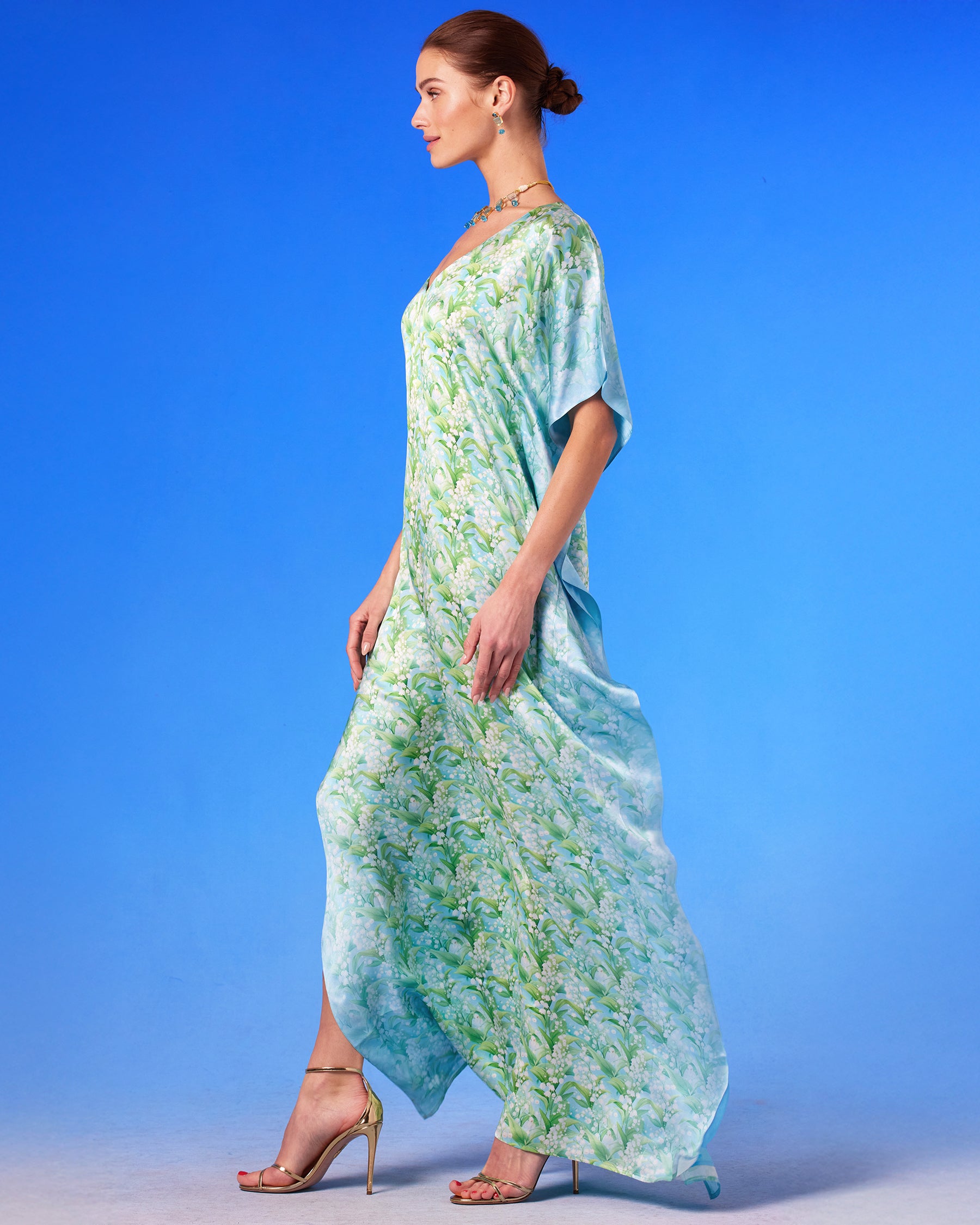 Julia Silk Kaftan in Lilies of the Valley side view