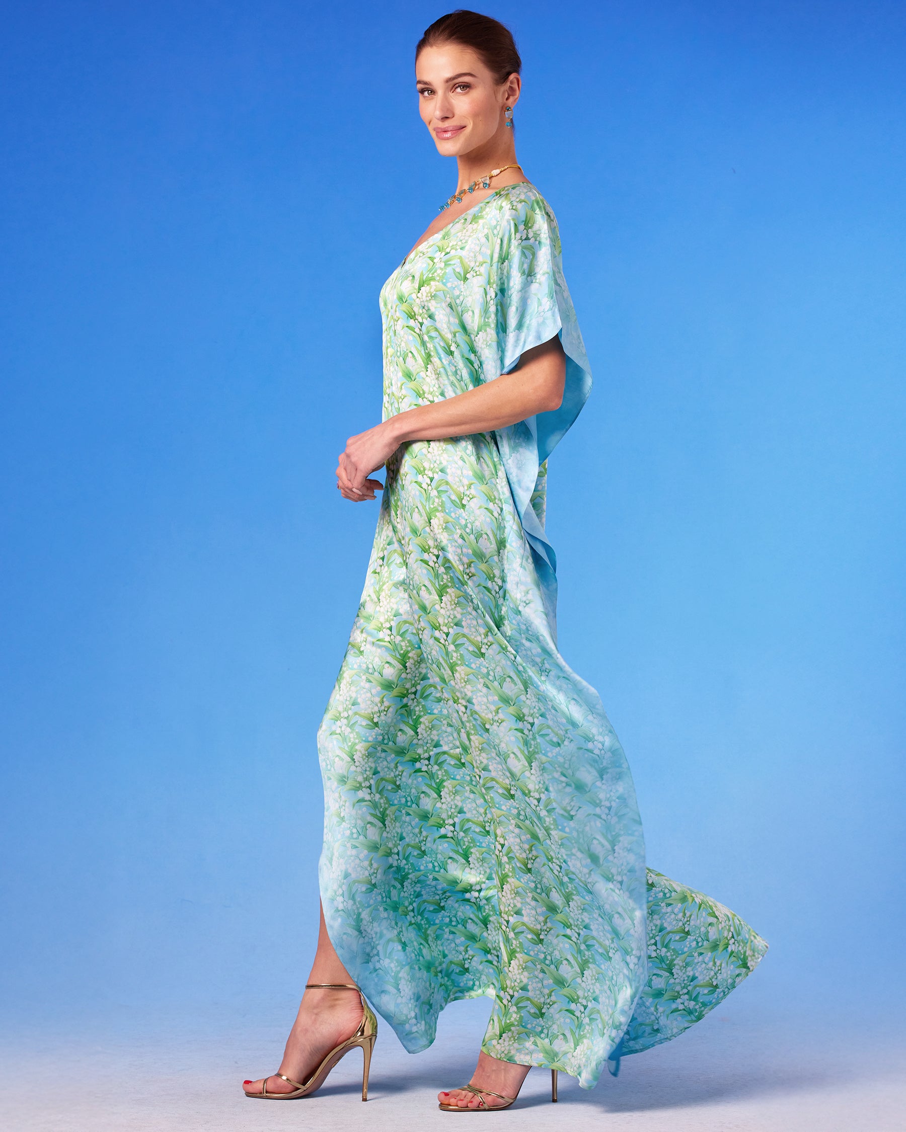 Julia Silk Kaftan in Lilies of the Valley side view