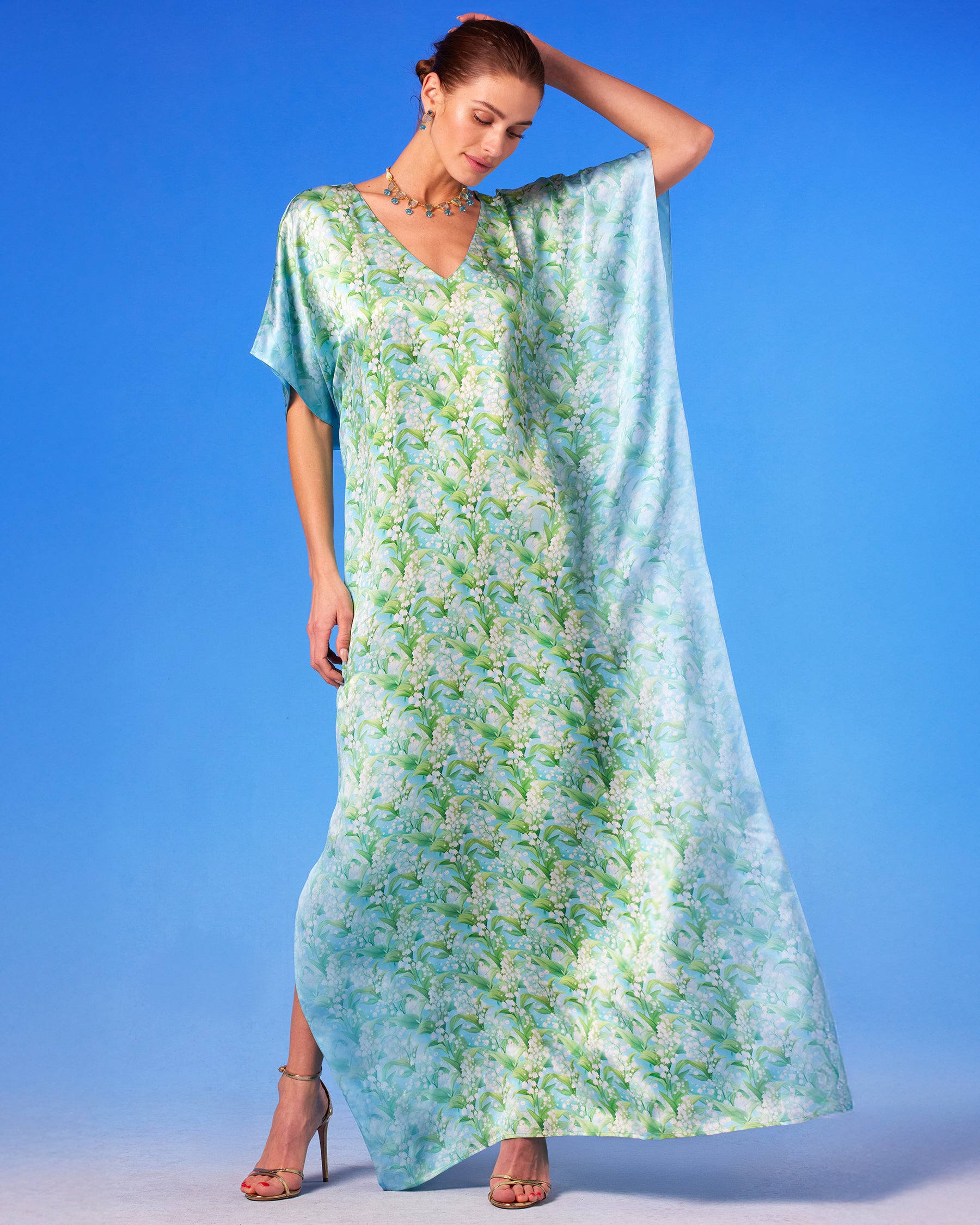 Julia Silk Kaftan in Lilies of the Valley front view with arm up