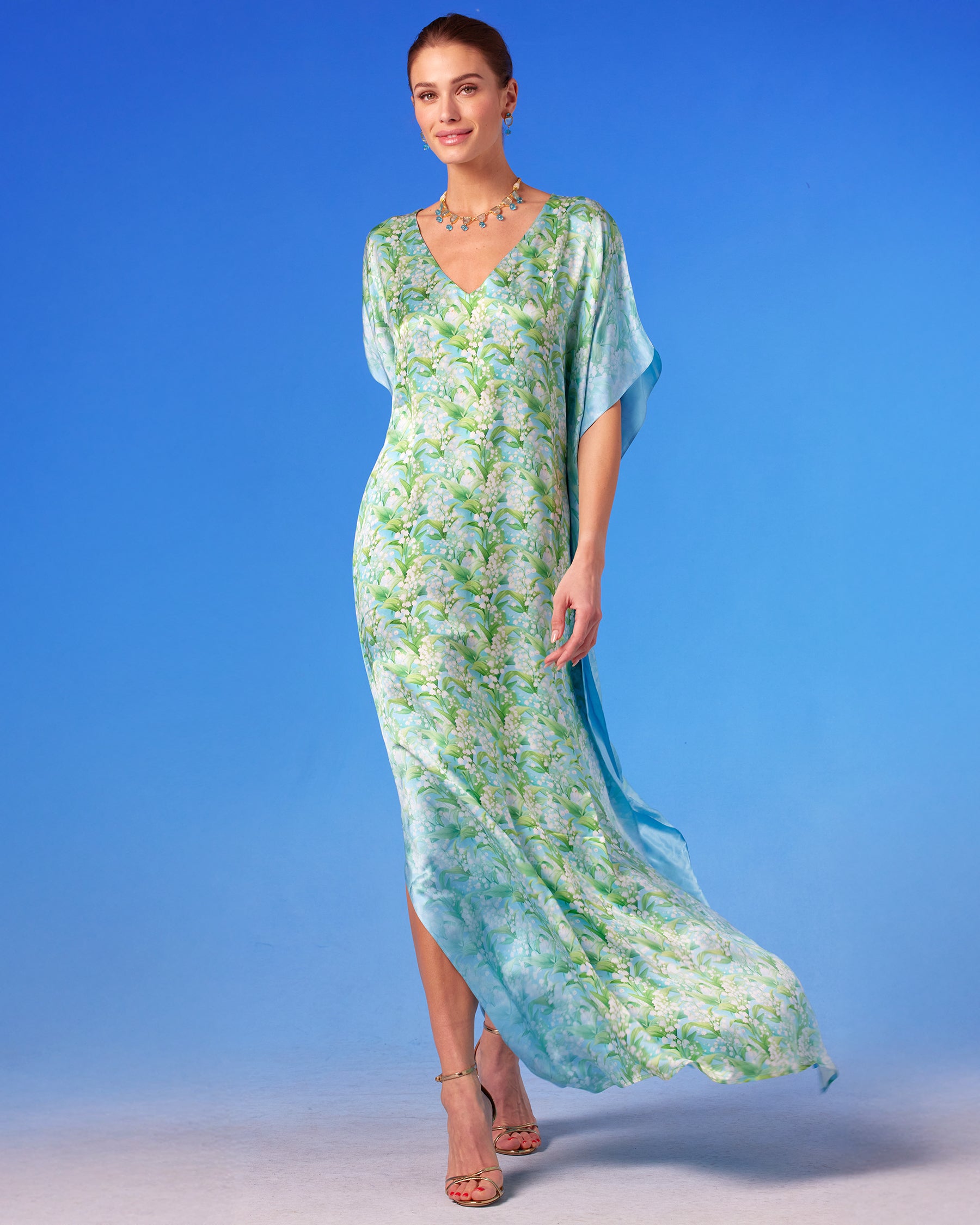 Julia Silk Kaftan in Lilies of the Valley front view walking