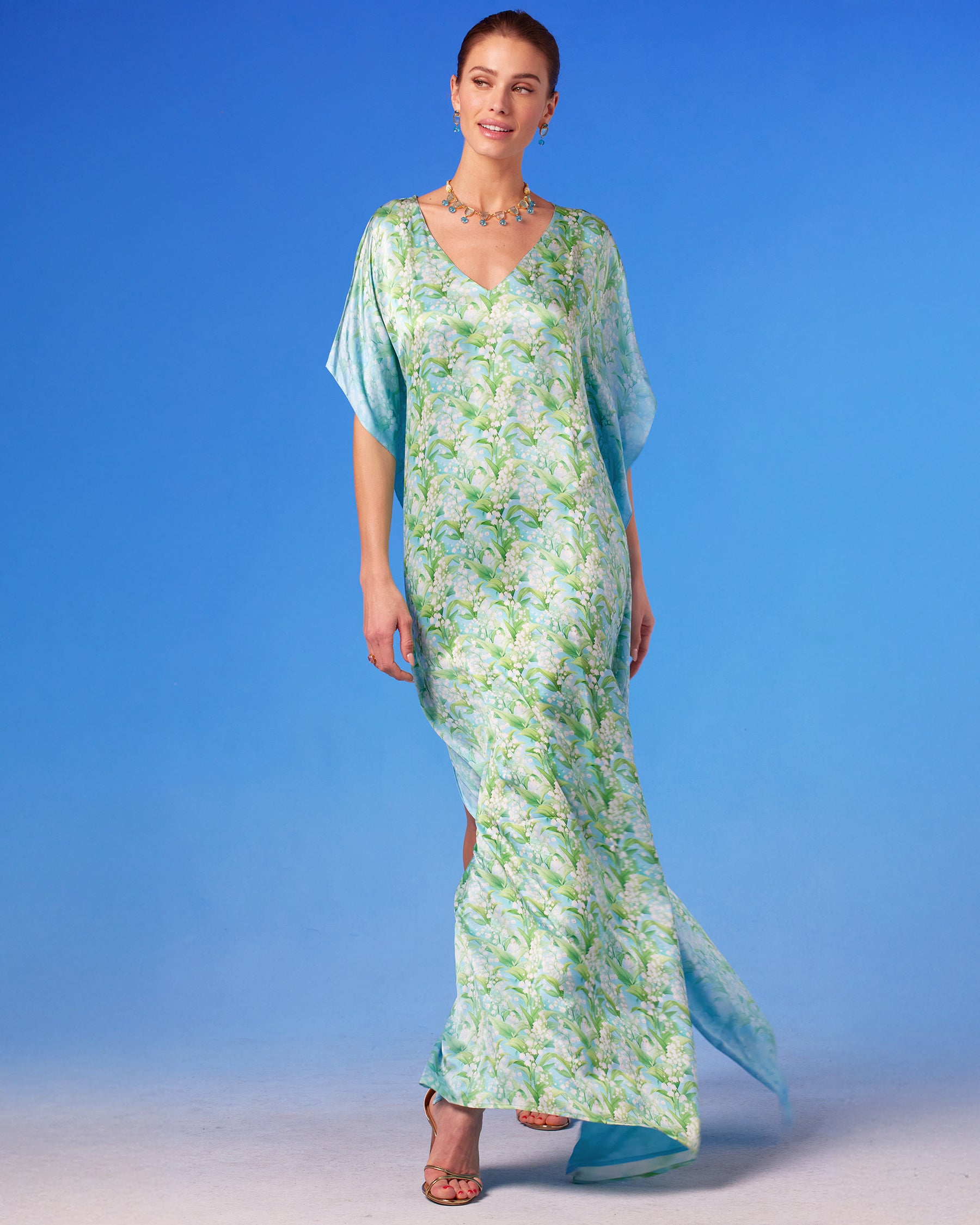 Julia Silk Kaftan in Lilies of the Valley front view