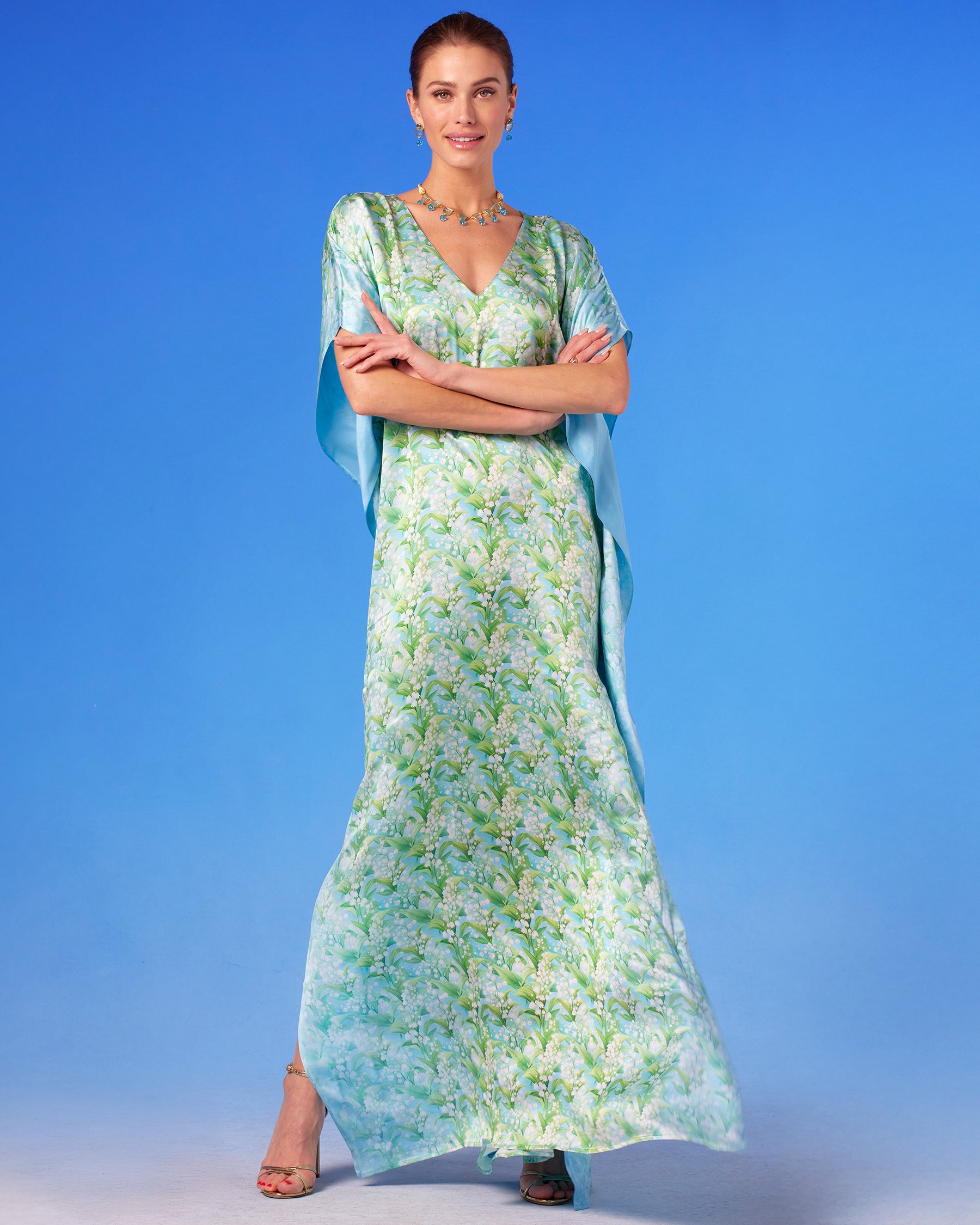 Julia Silk Kaftan in Lilies of the Valley front view