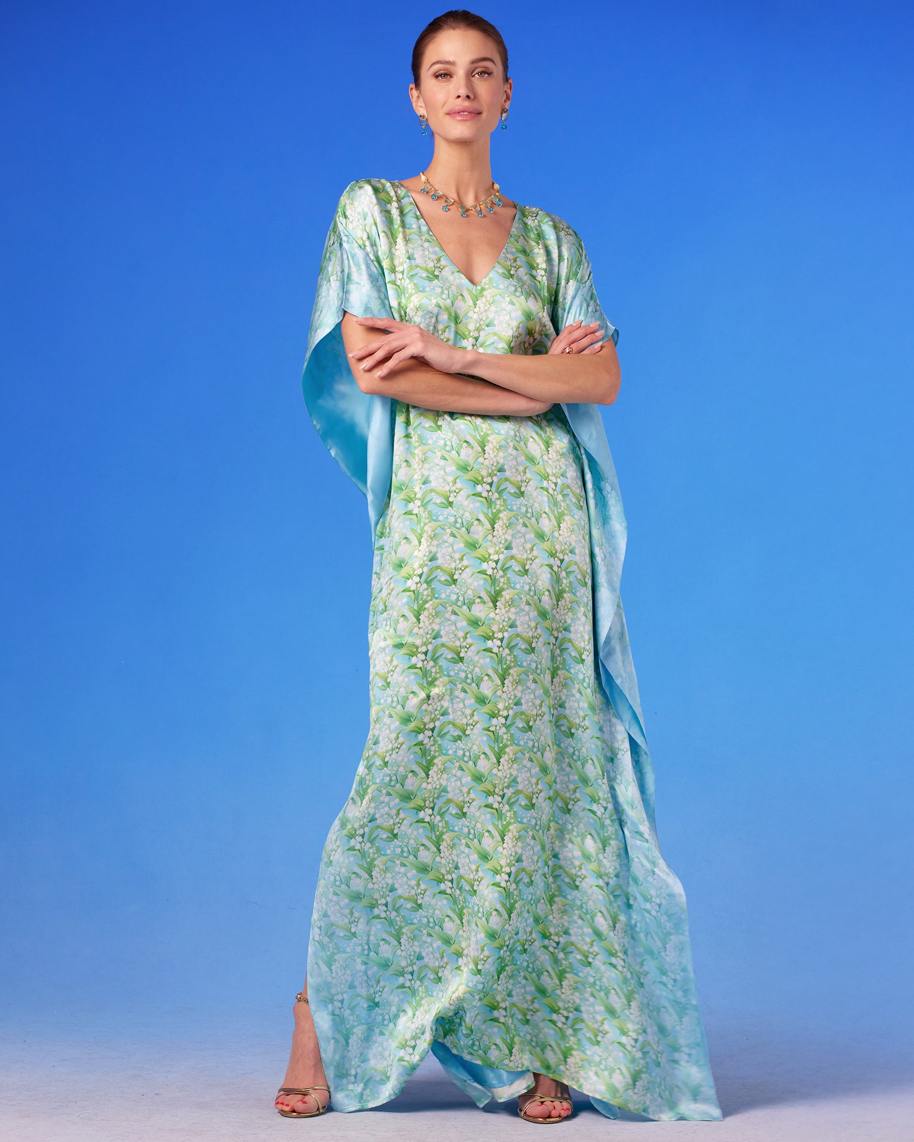 Julia Silk Kaftan in Lilies of the Valley front view with arms crossed