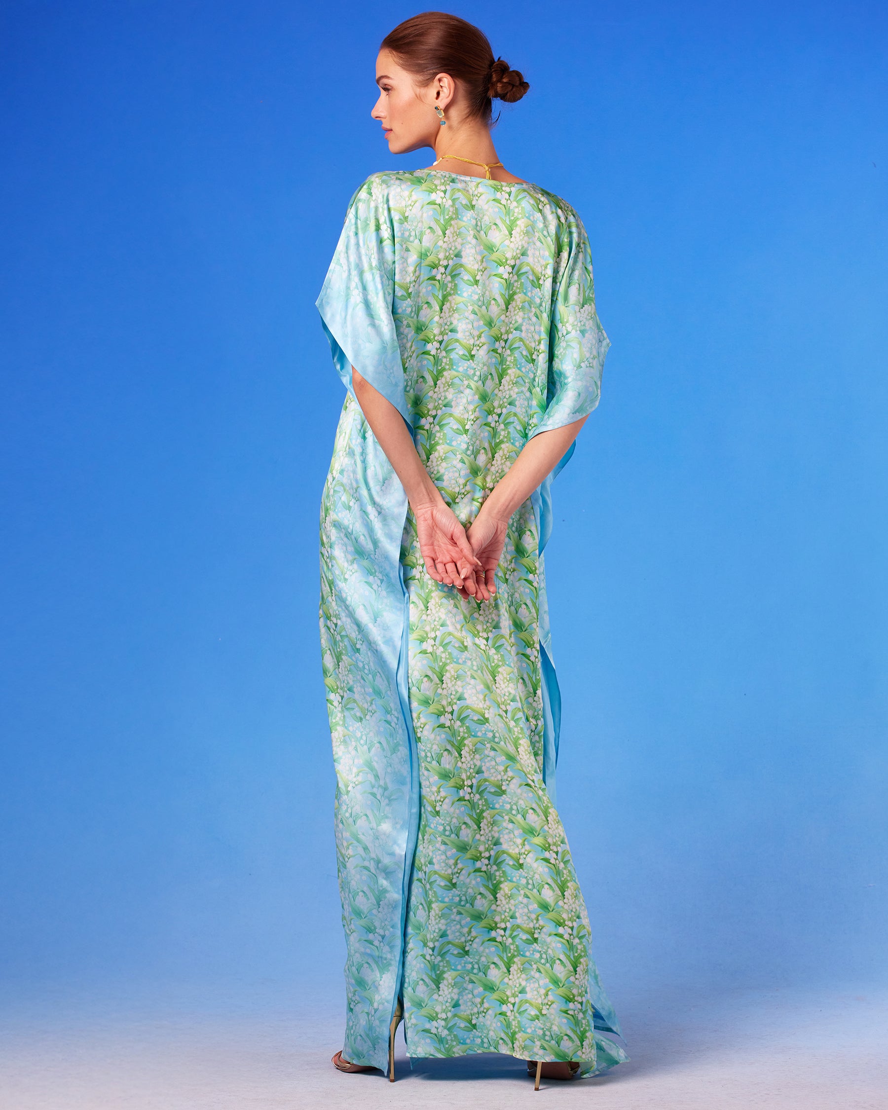 Julia Silk Kaftan in Lilies of the Valley back view