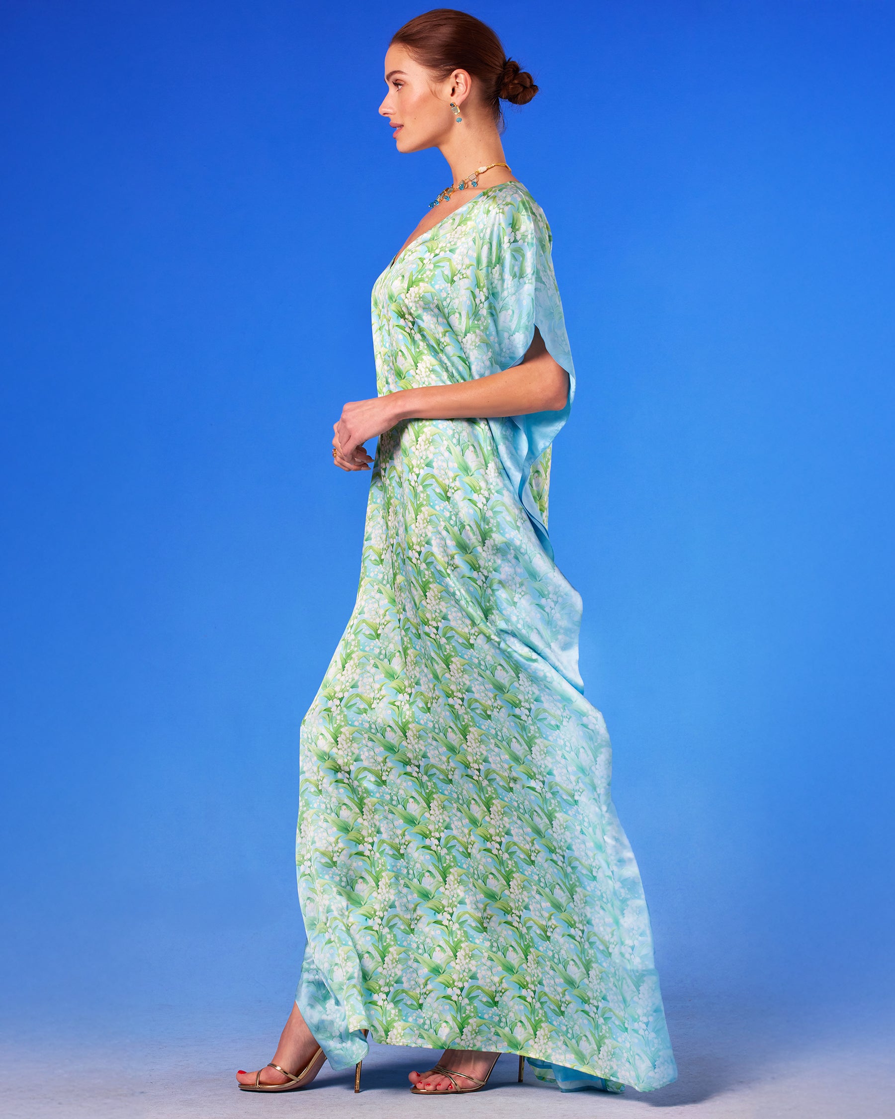 Julia Silk Kaftan in Lilies of the Valley side view