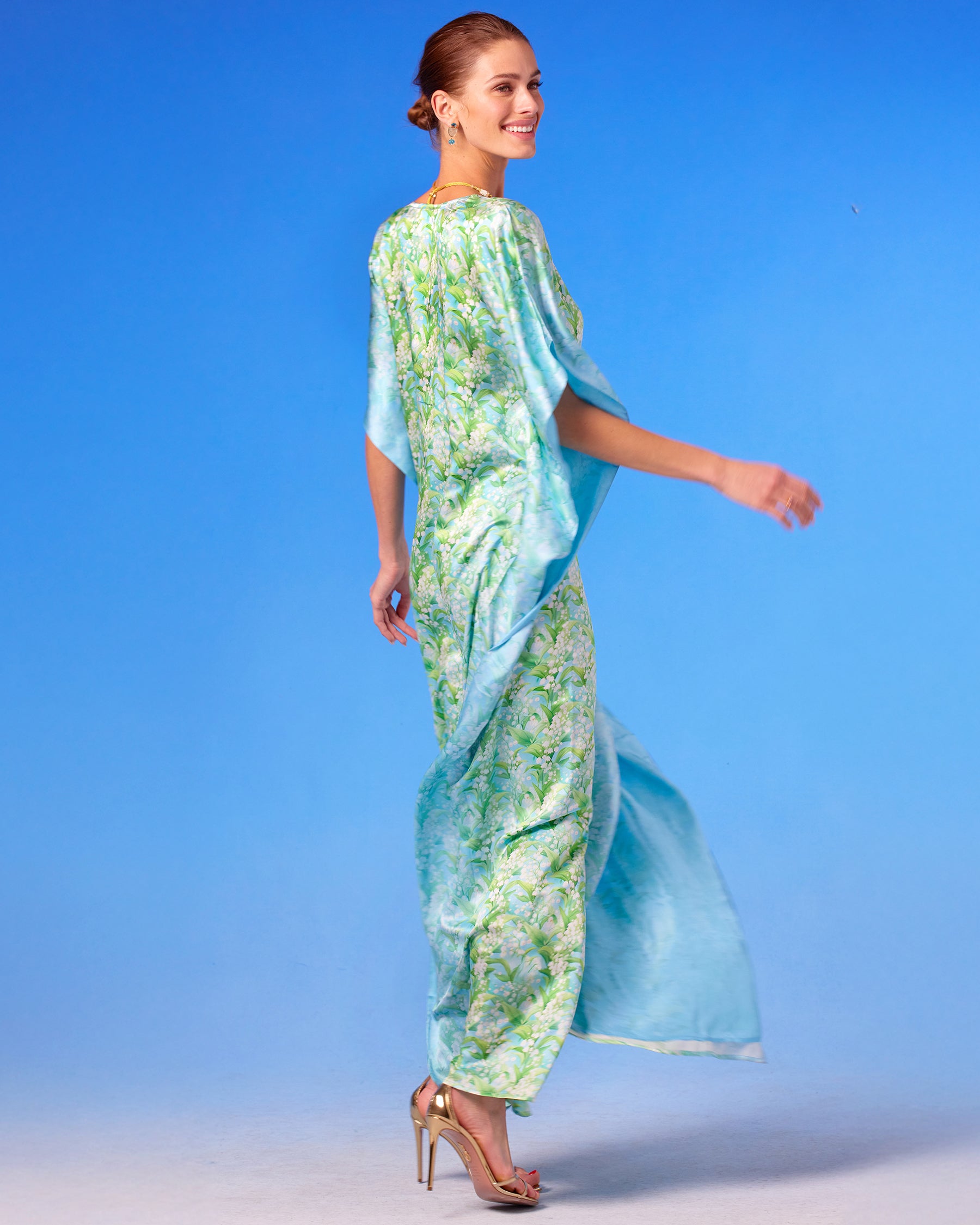 Julia Silk Kaftan in Lilies of the Valley back view walking away