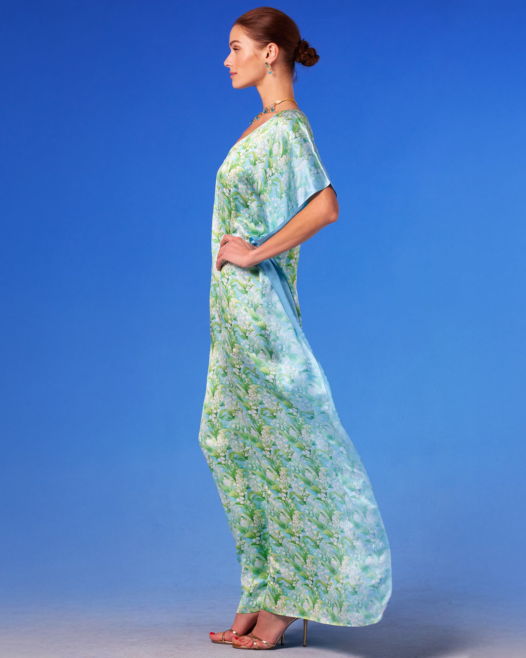 Julia Silk Kaftan in Lilies of the Valley side view