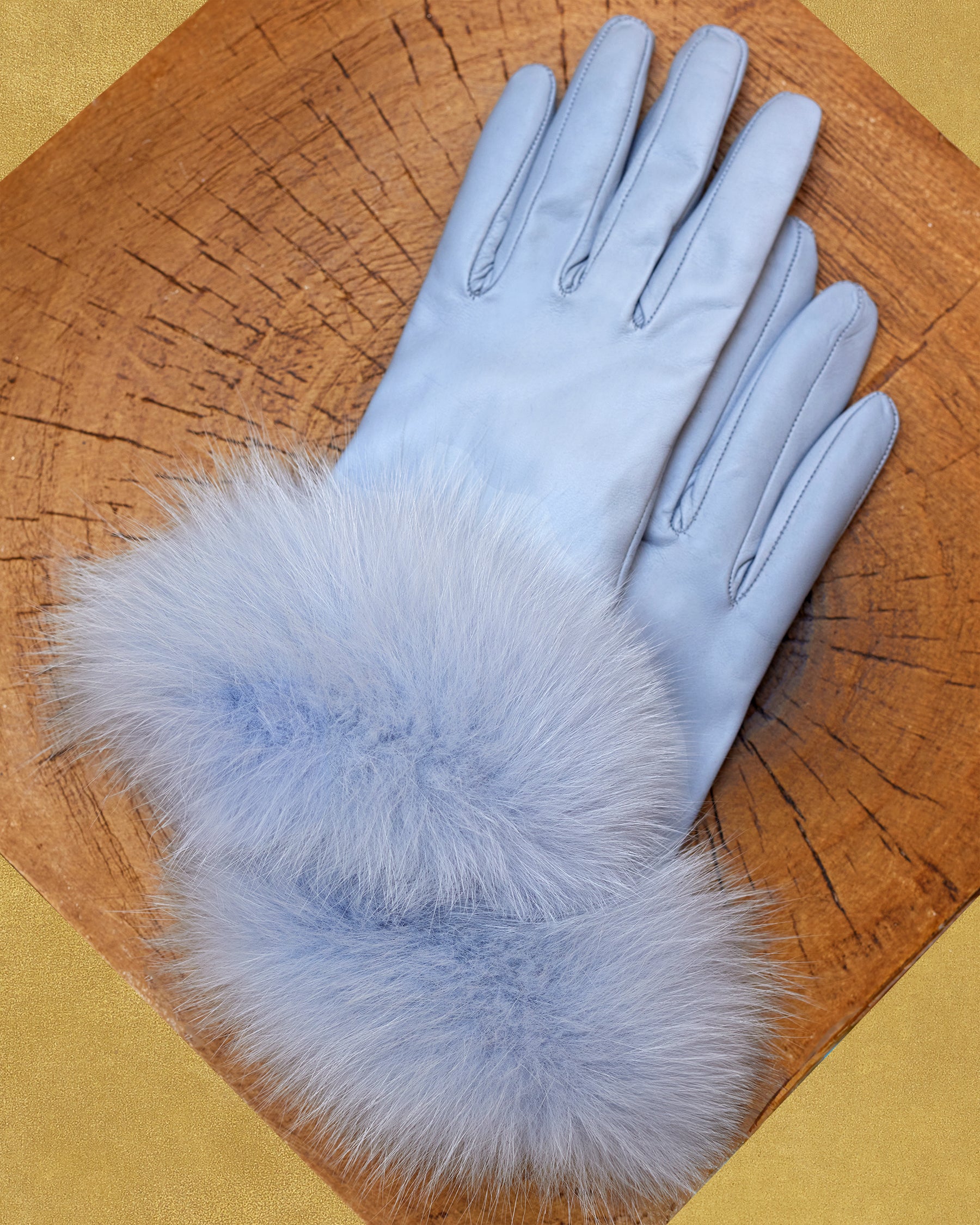 Carlisle Leather Gloves with Fox Fur Trim in Dusty Blue