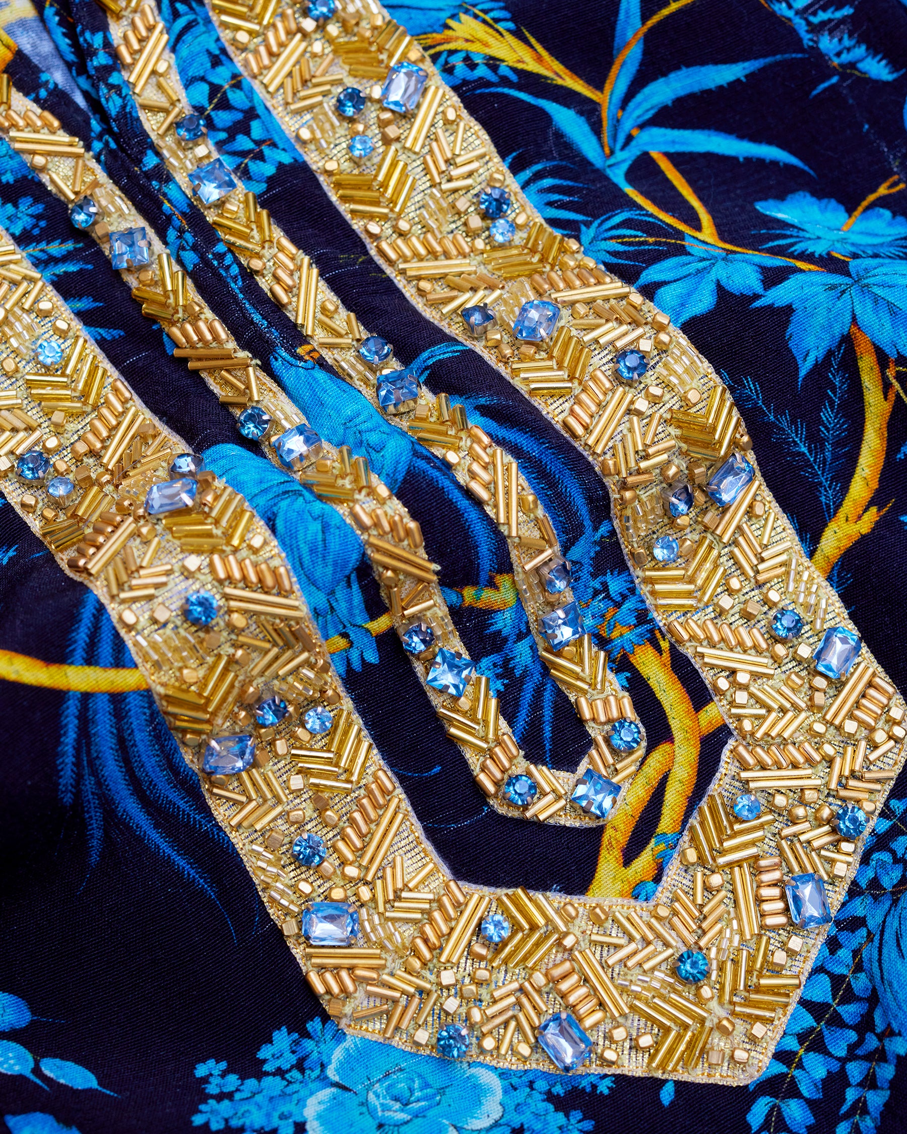 Darcy Tunic in Midnight Garden with Gold Embellishment-Detail of hand embellished neckline