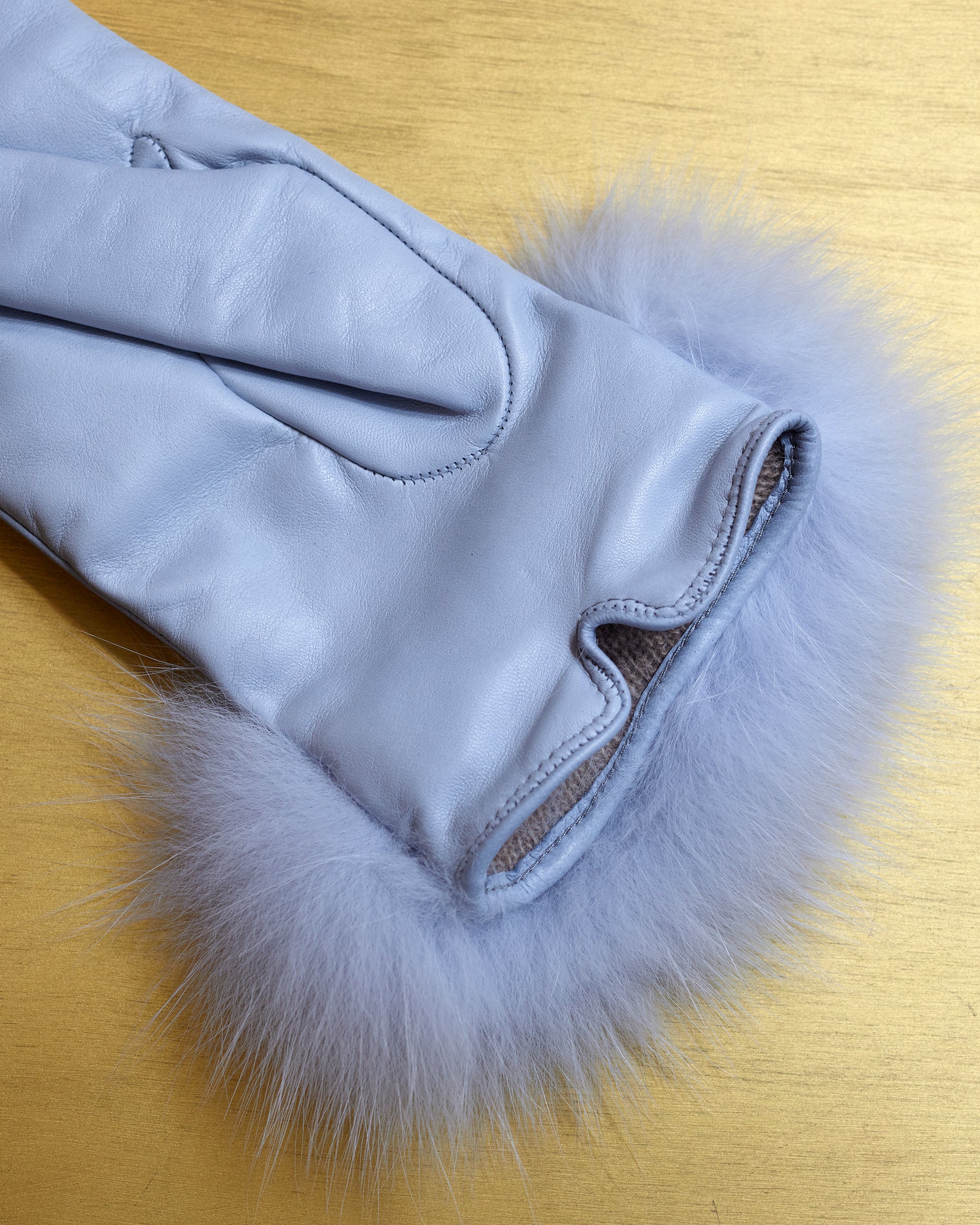 Carlisle Leather Gloves with Fox Fur Trim in Dusty Blue-Showing the backside