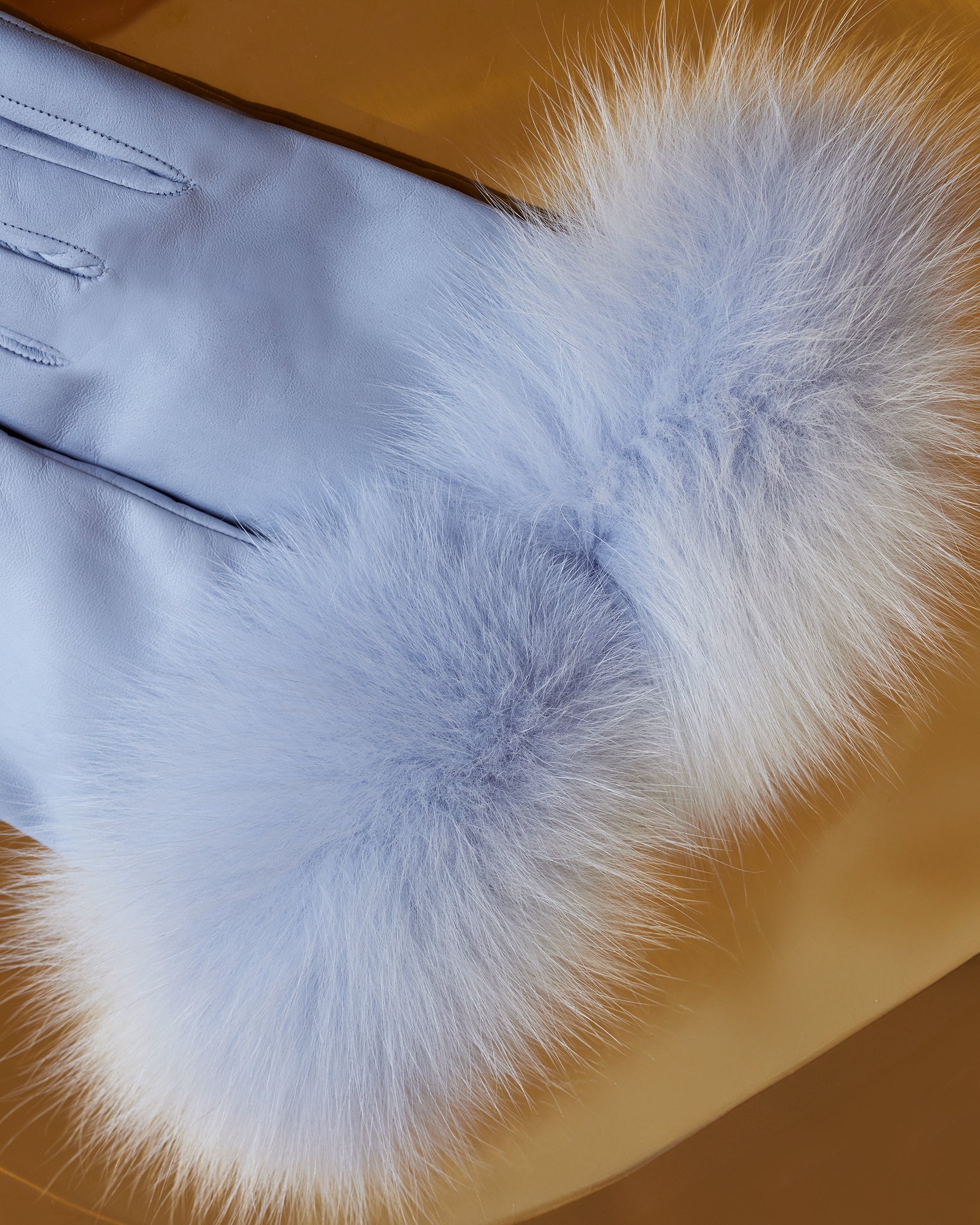 Carlisle Leather Gloves with Fox Fur Trim in Dusty Blue-Detail of fox fur trim