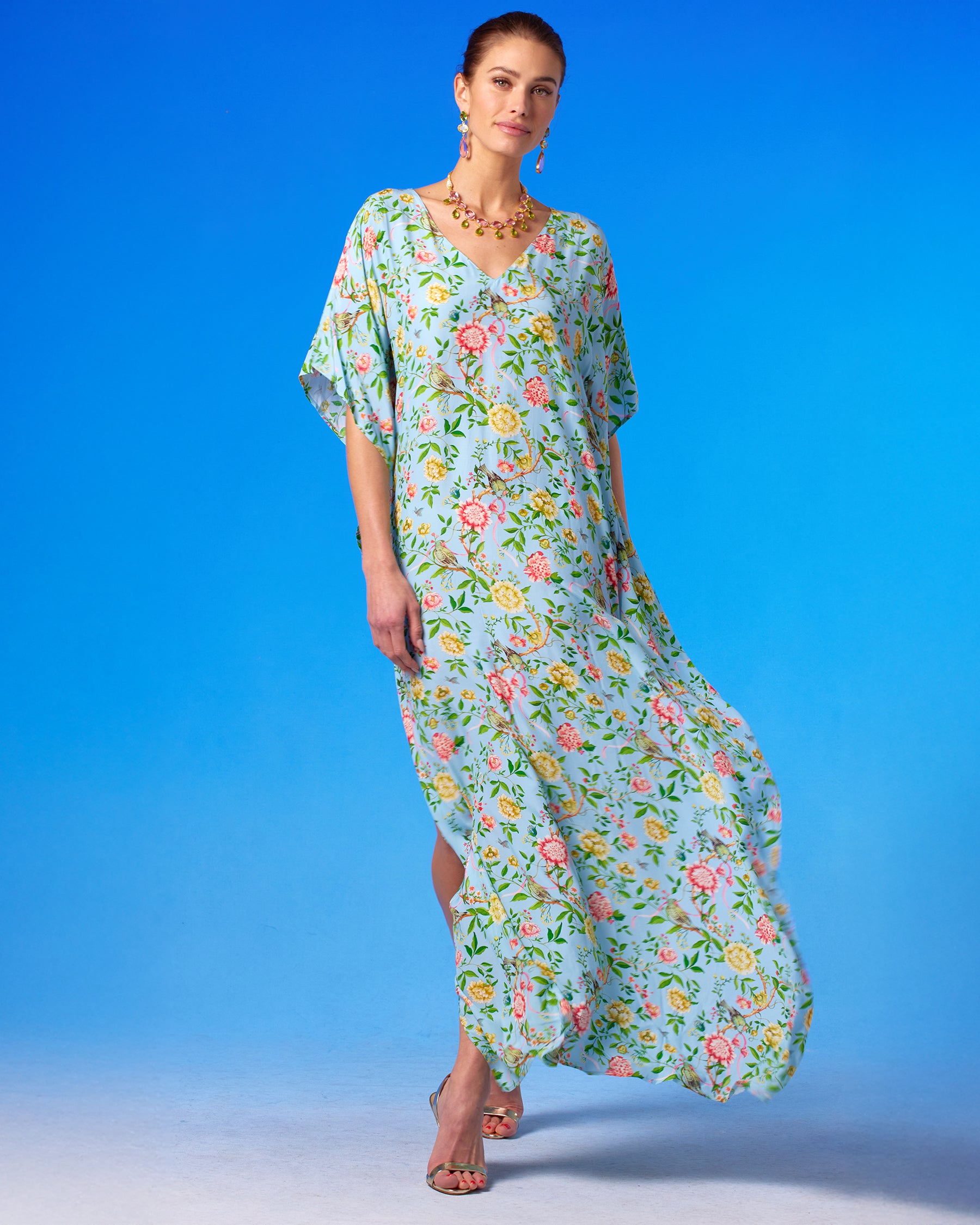 Kallista Kaftan in Antibes Florals walking front view