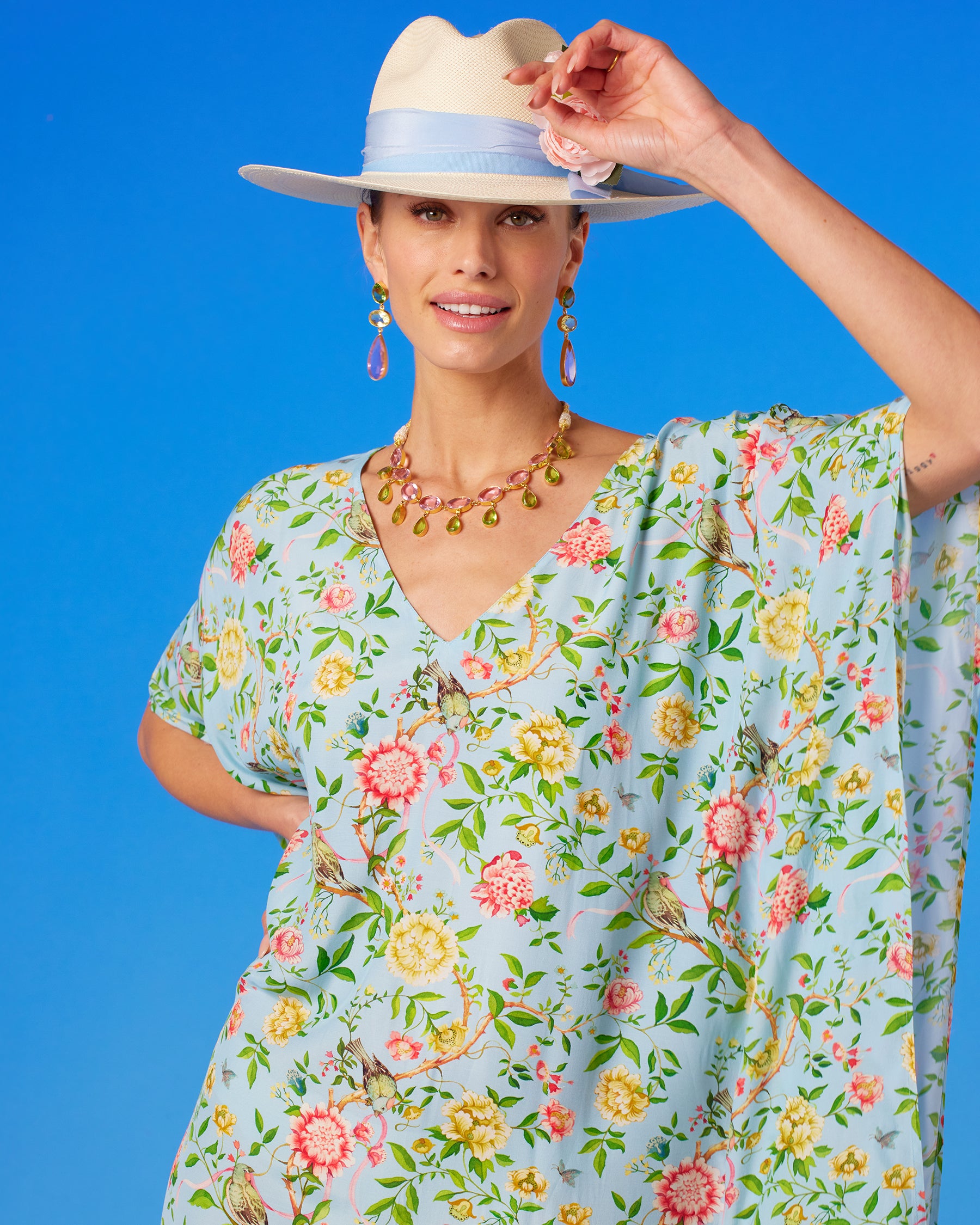 Chiara Dewdrop Necklace in Blush Pink and Mint Green worn with the Kallista Kaftan in Antibes Floral