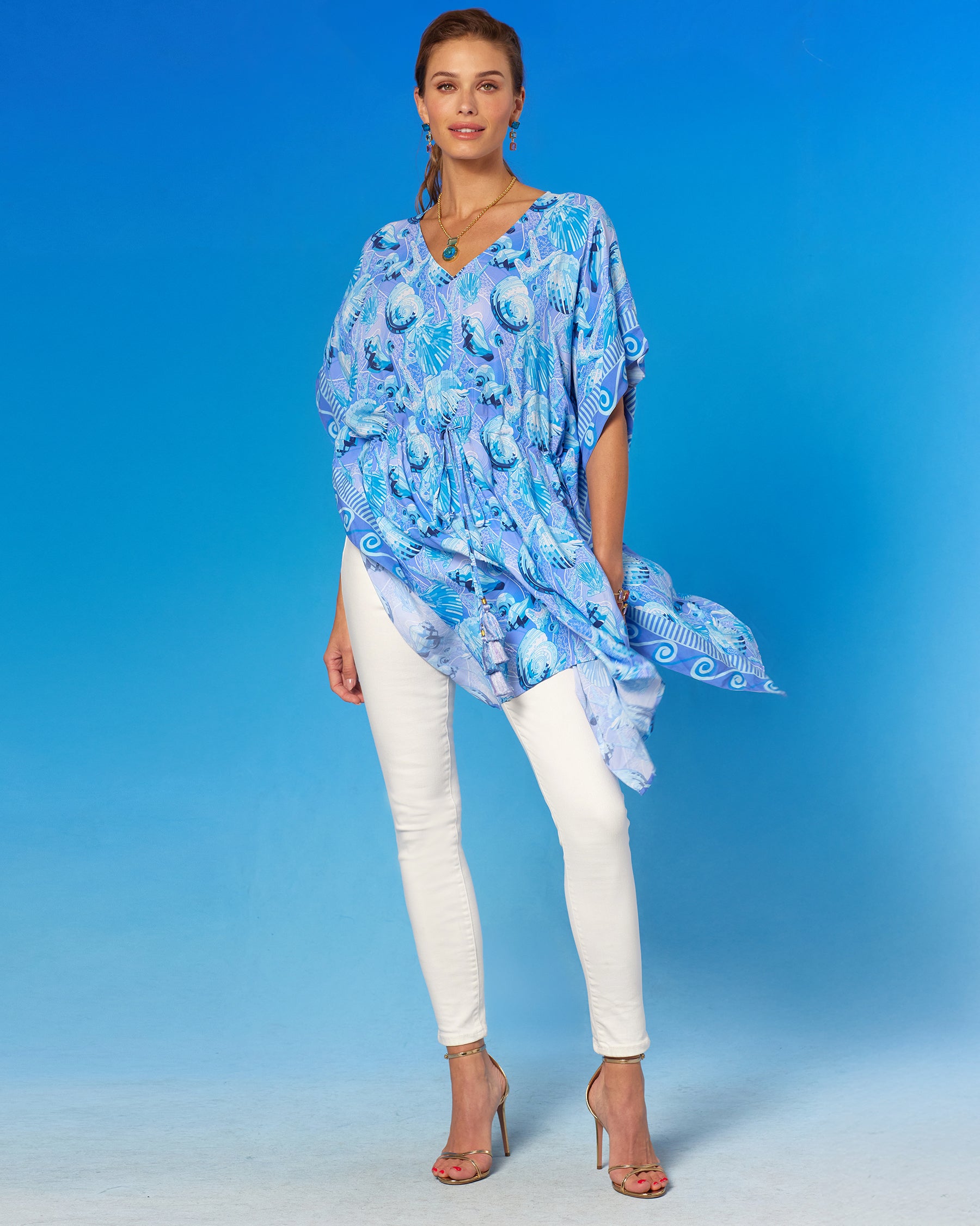 Kea Short Kaftan Coverup Dress in Bardot Seashell Pop front full view