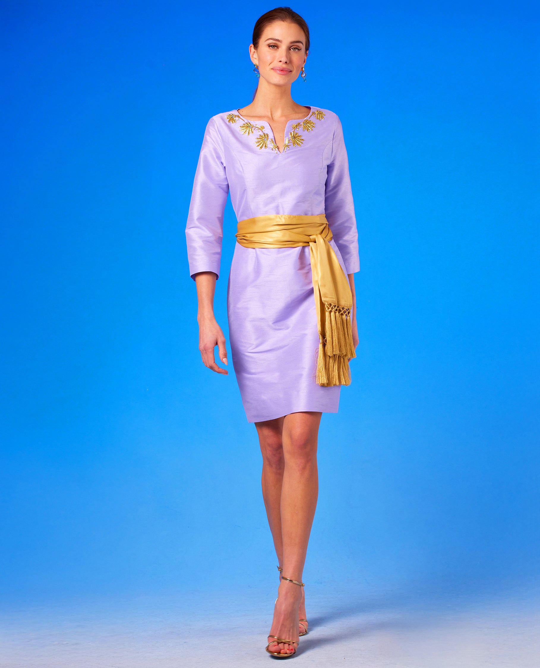 Kelly Short Dress in Lavender and Gold Embellishment walking