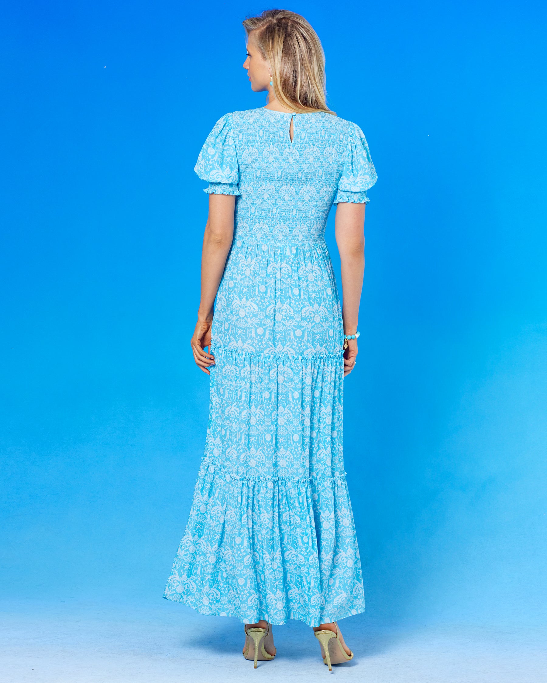 Kitty Puff Sleeve Maxi Dress in Regency Porcelain Ribbons-Back view