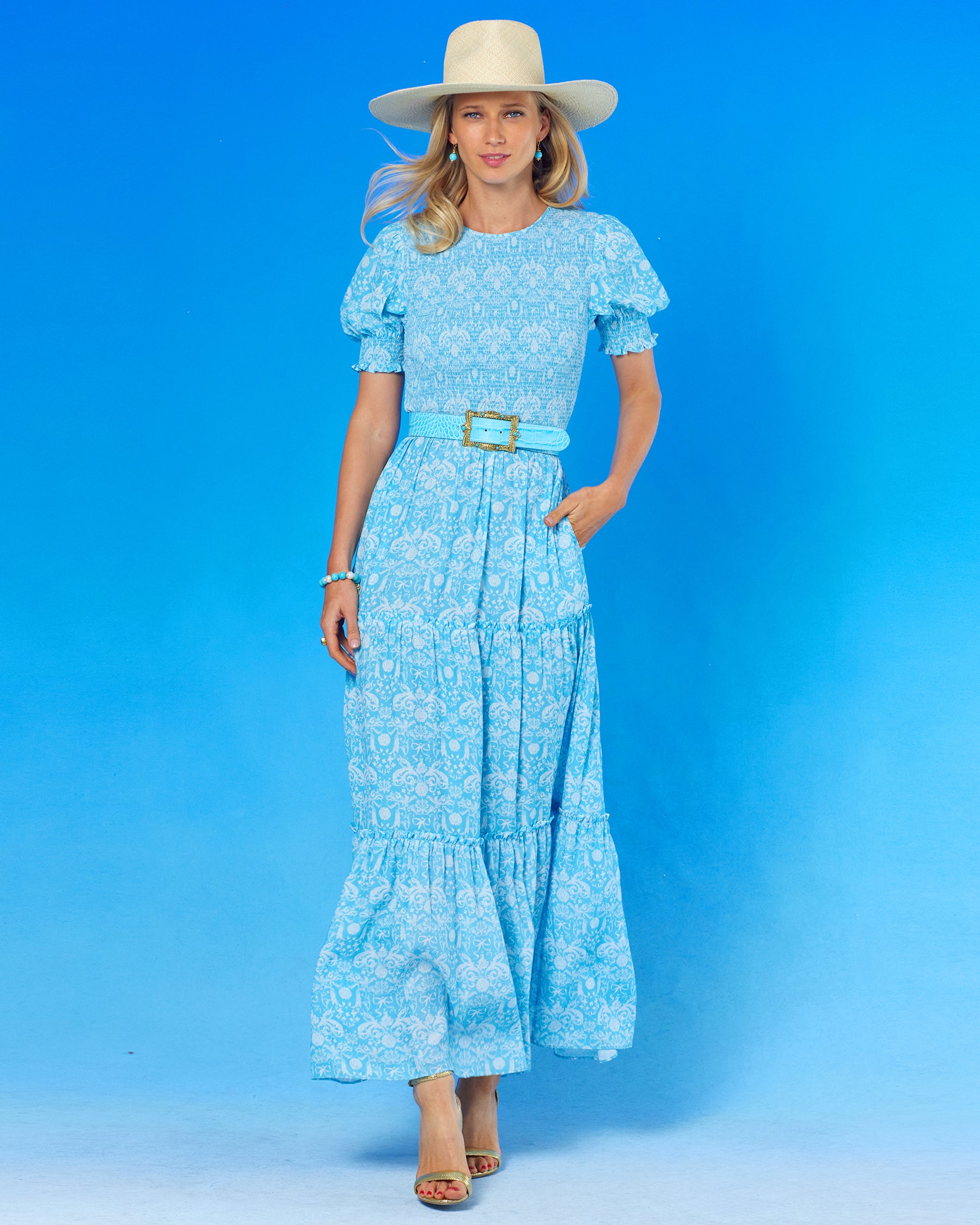 Kitty Puff Sleeve Maxi Dress in Regency Porcelain Ribbons-front view