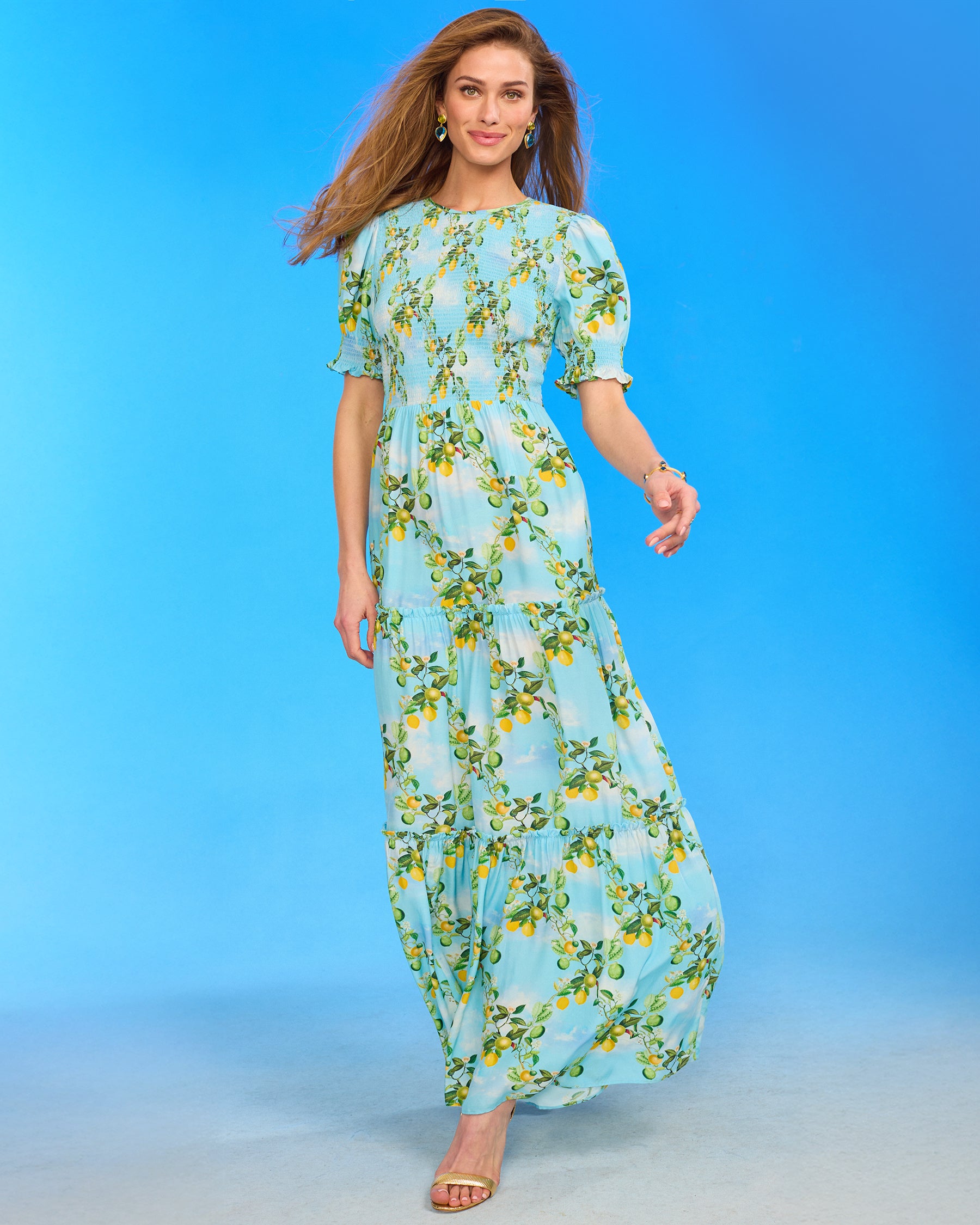 Kitty Puff Sleeve Maxi Dress in French Lemon Grove front view