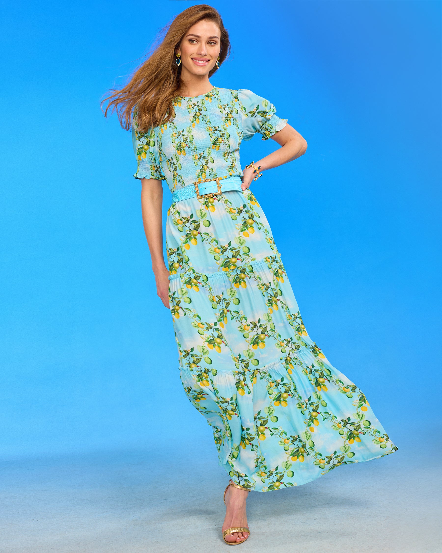 Kitty Puff Sleeve Maxi Dress in French Lemon Grove front view