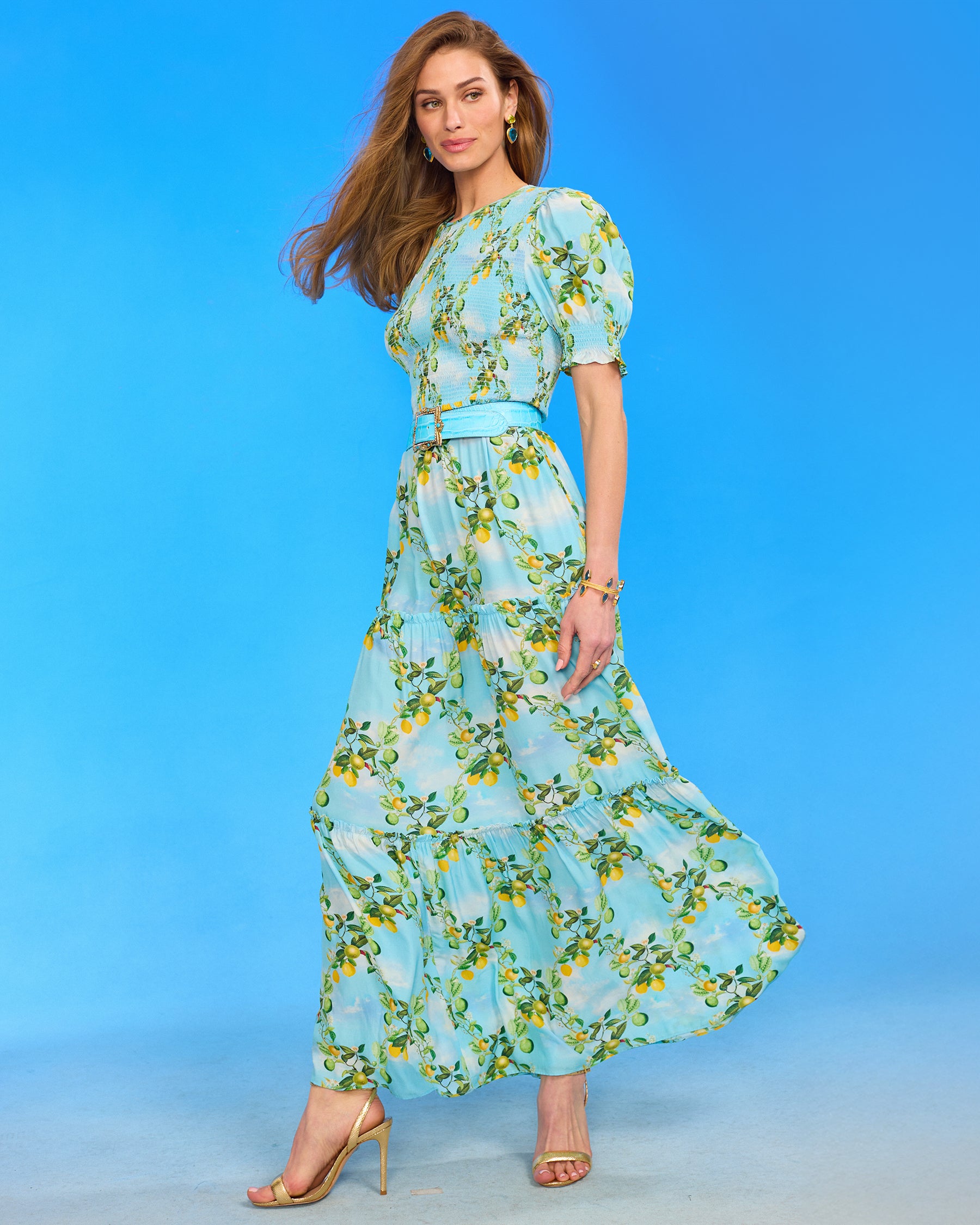 Kitty Puff Sleeve Maxi Dress in French Lemon Grove side view
