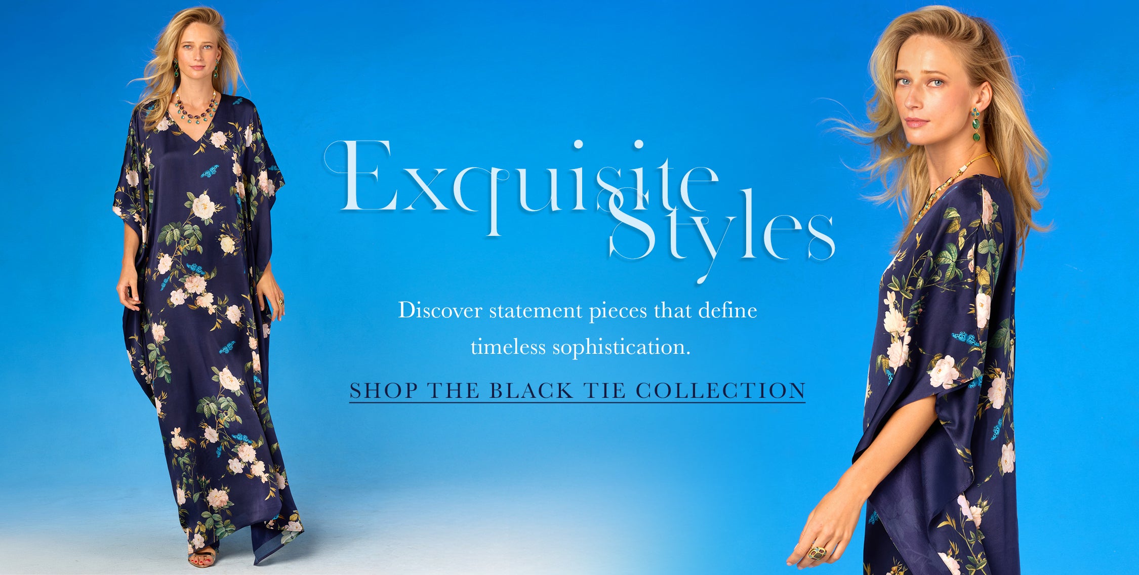 Models wearing the Silk Kaftan in Navy Floral Print