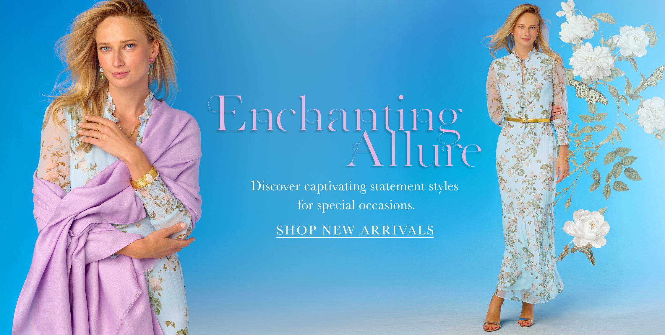 An image of a model closeup wearing a lilac shawl and a model full length wearing a feminine chiffon floral print dress.