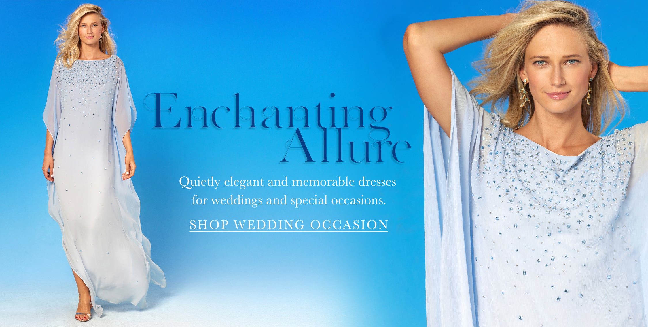 Woman in a light blue dress against a blue background with text about wedding dresses.