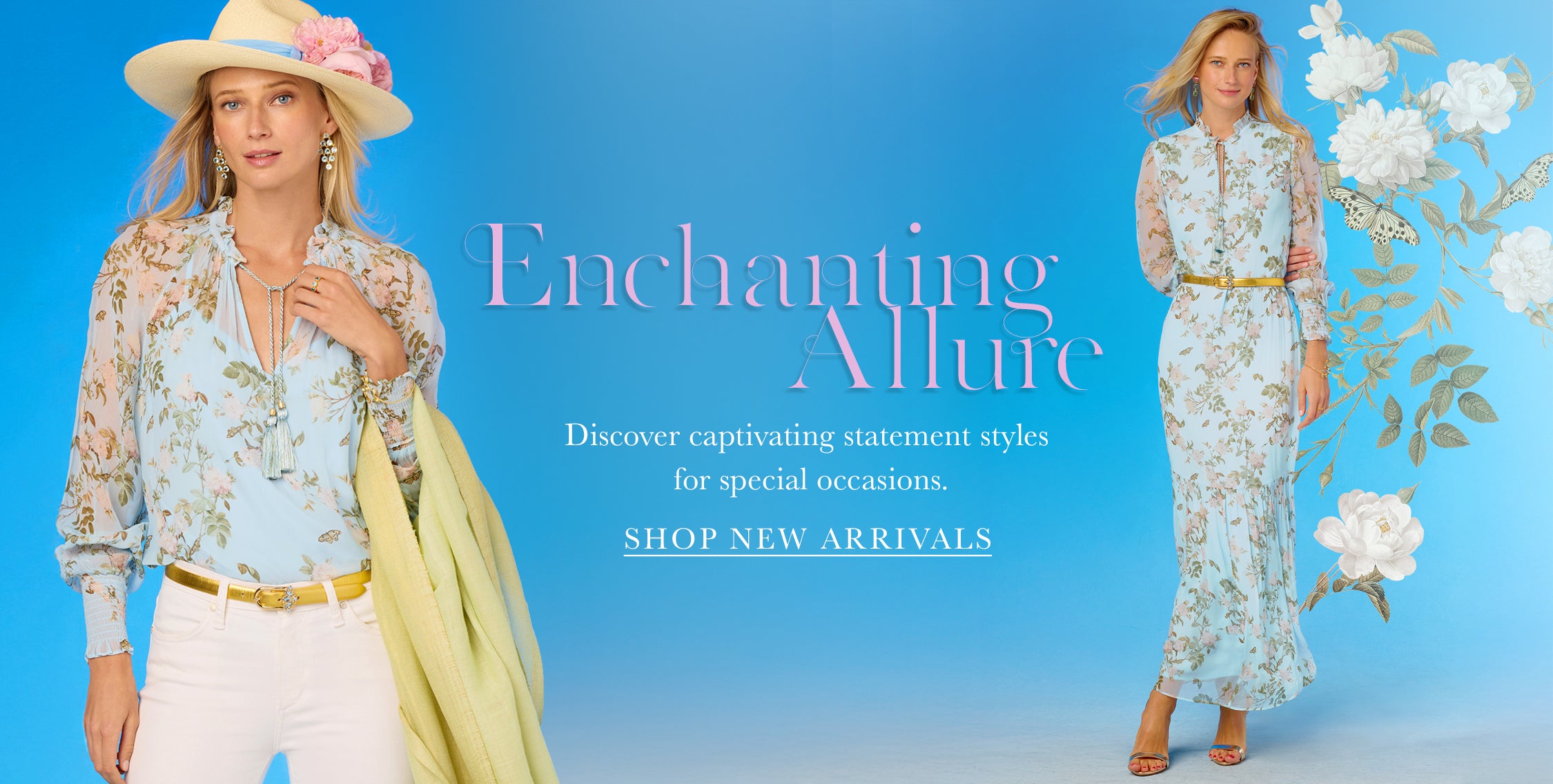 Woman in floral dress with accessories on a blue background, promoting new arrivals.