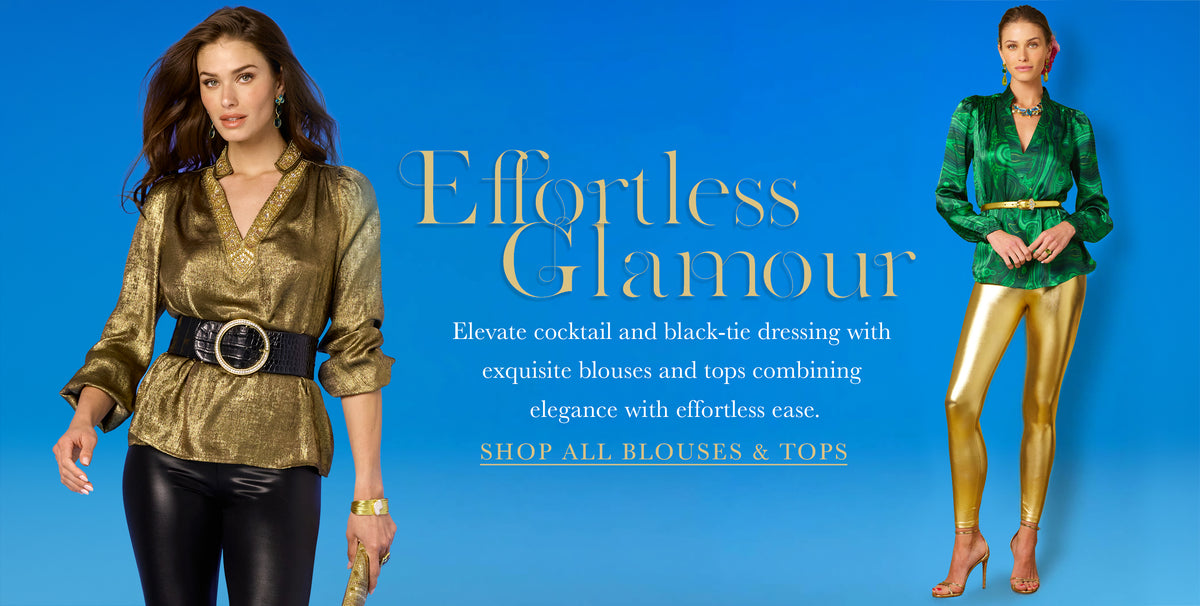 Promotional banner for 'Effortless Glamour' featuring two models against a bright blue gradient background. The model on the left wears a metallic gold blouse with black pants and a wide black belt.