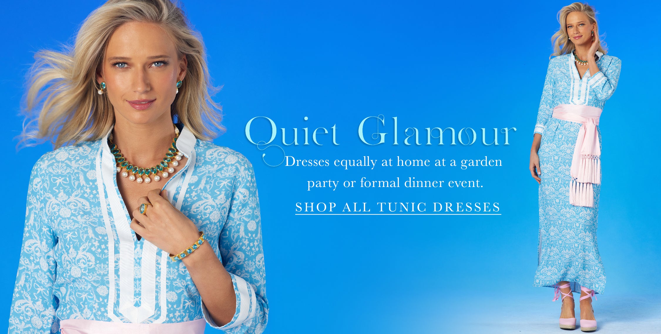 Regency tunic dress is featured on the banner. Quiet Glamour. Dresses that are equally at home at a garden party or formal dinner event. Click to shop all tunic dresses.