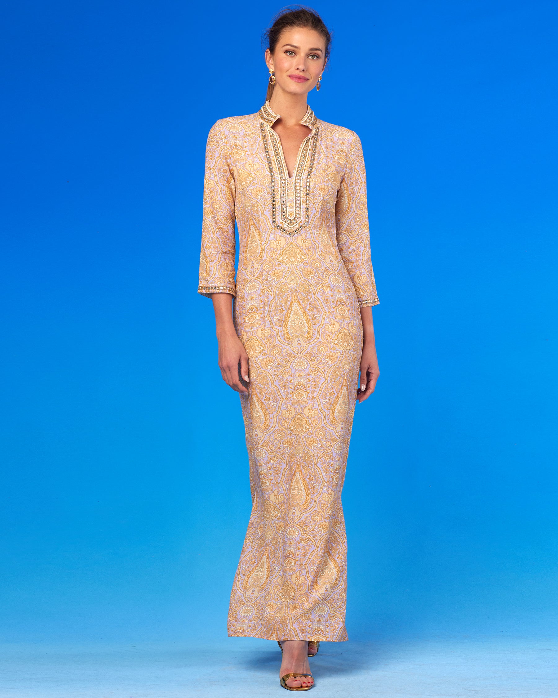 Laetitia Long Dress in Saffron on Lavender with Jewel Embellishment-Walking Front View