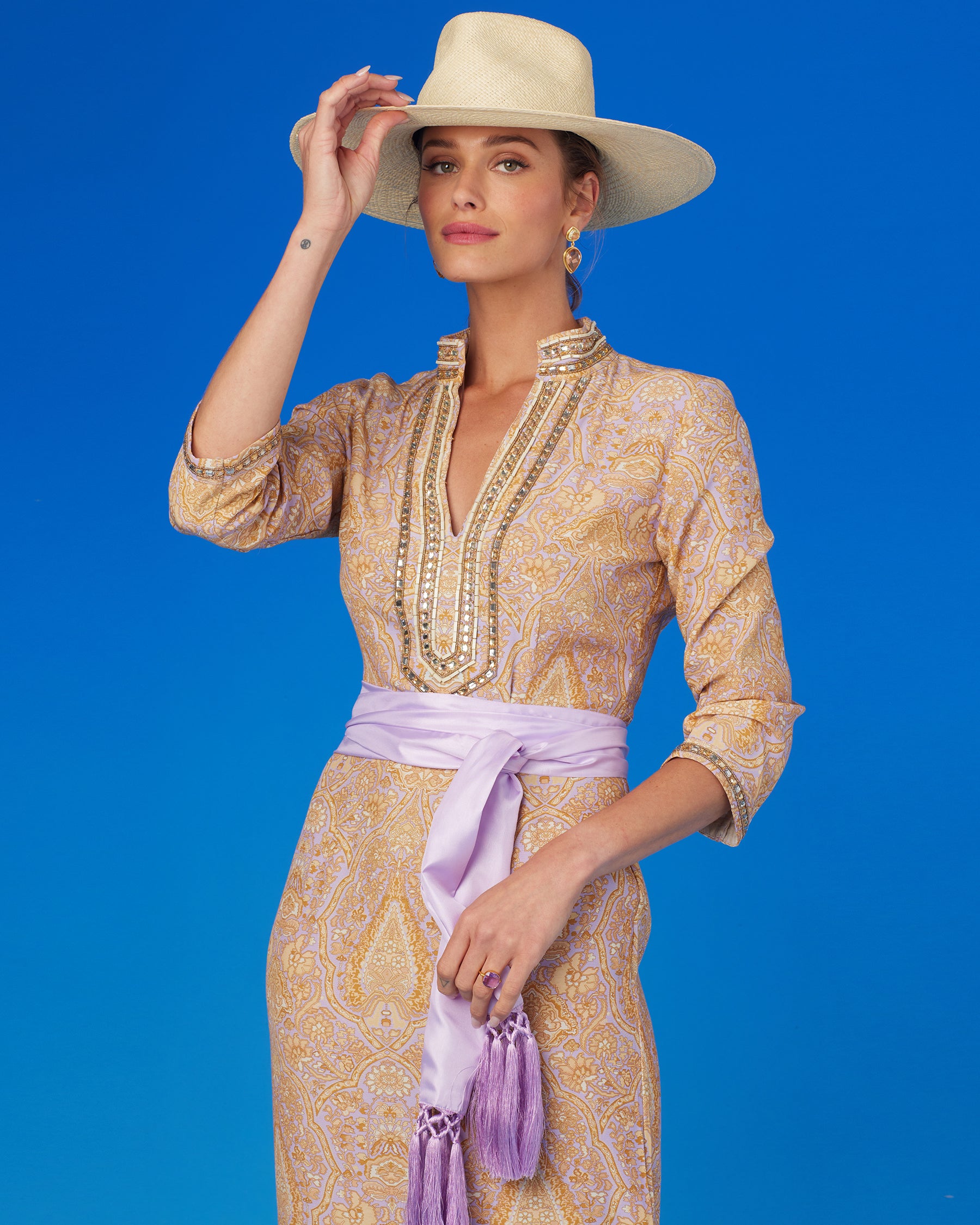 Laetitia Long Dress in Saffron on Lavender with Jewel Embellishment