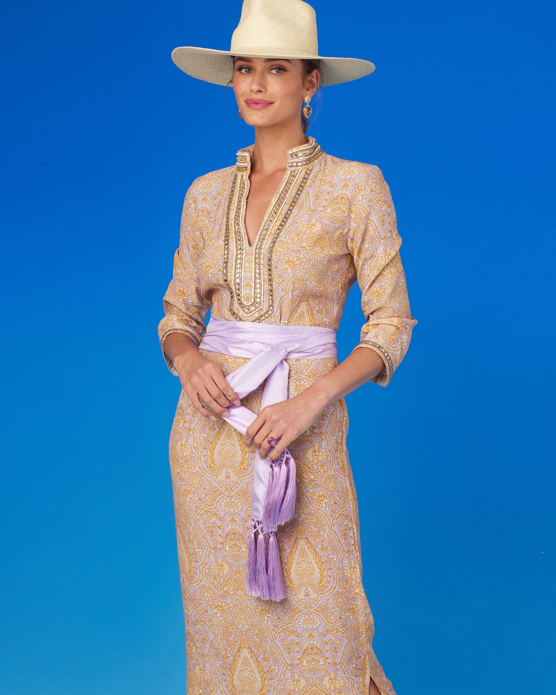 Laetitia Long Dress in Saffron on Lavender with Jewel Embellishment-Portrait