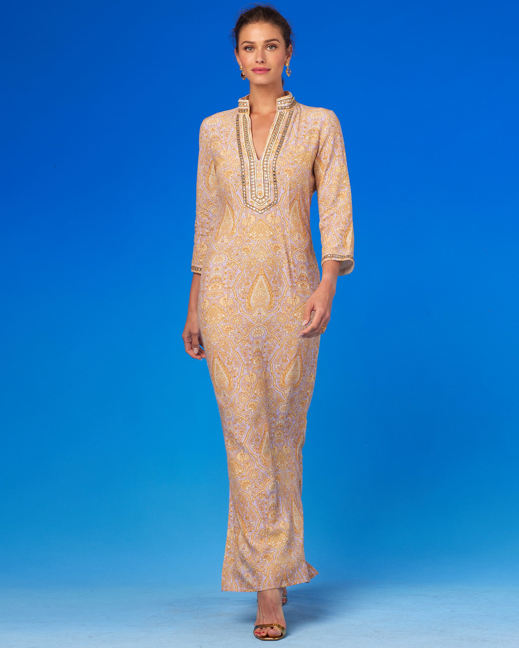 Laetitia Long Dress in Saffron on Lavender with Jewel Embellishment-Front View Walking